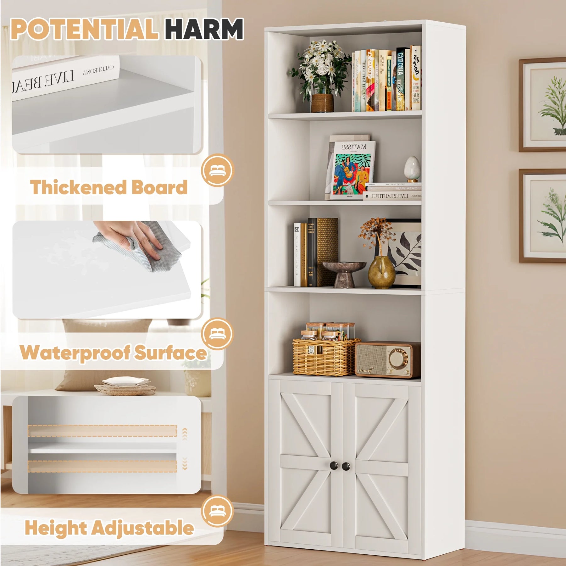 Furmax 1 Piece 4 - Shelf Farmhouse Bookcases 4 - Tier Bookshelf with Adjustable Shelves&Doors - Product image 9