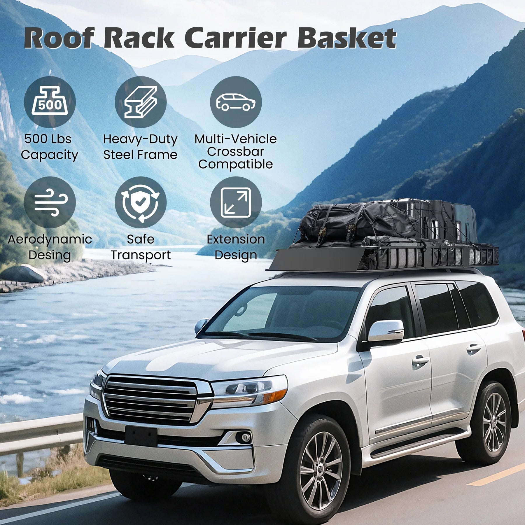 Naipo Roof Rack Cargo Basket, 500 lb, 64"x39"x6"extendable Roof Luggage Holder Rack with 4 U - Product image 9