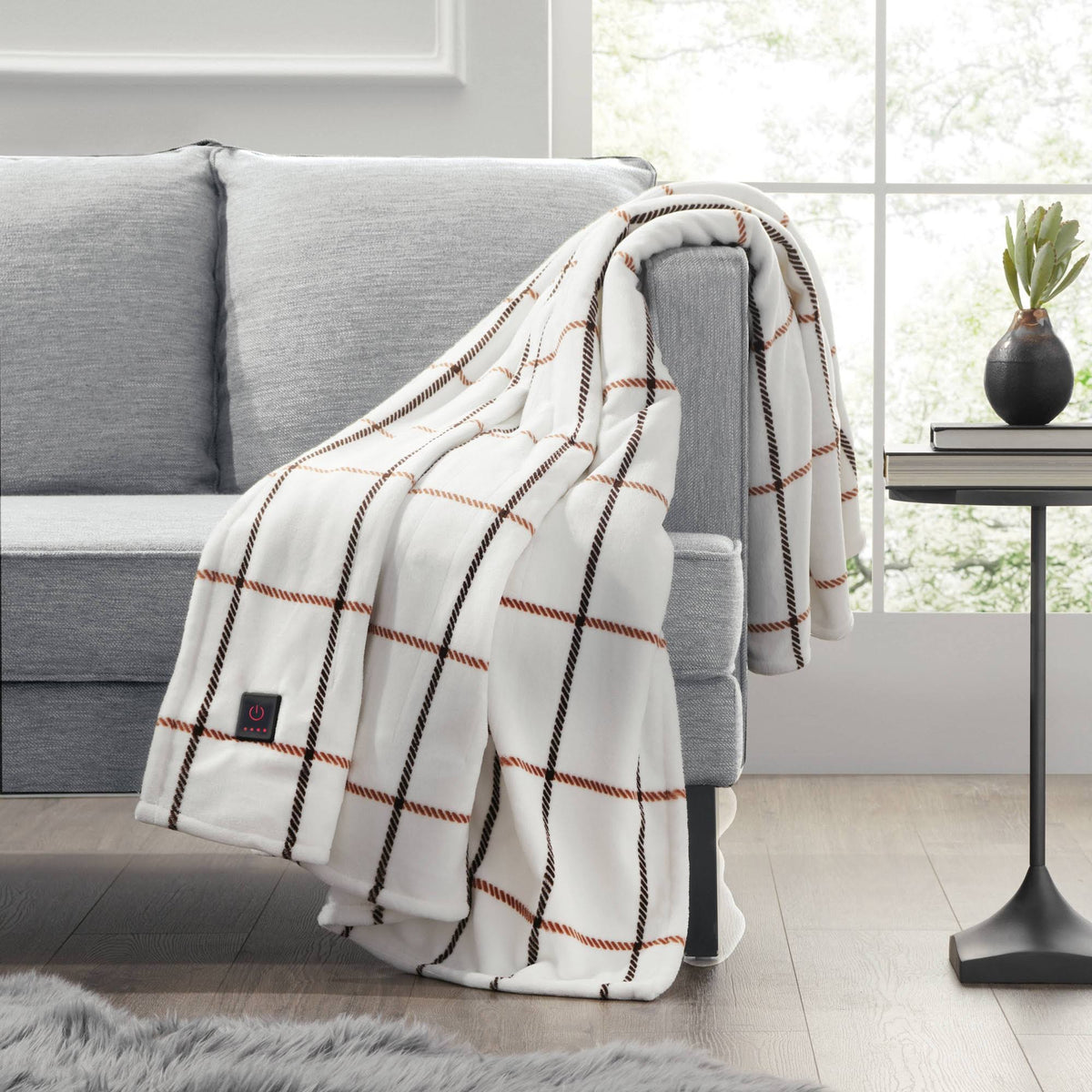 50"x60" Cozy Heated Throw Blanket Camel Window Pane - Brookstone - Product image 1