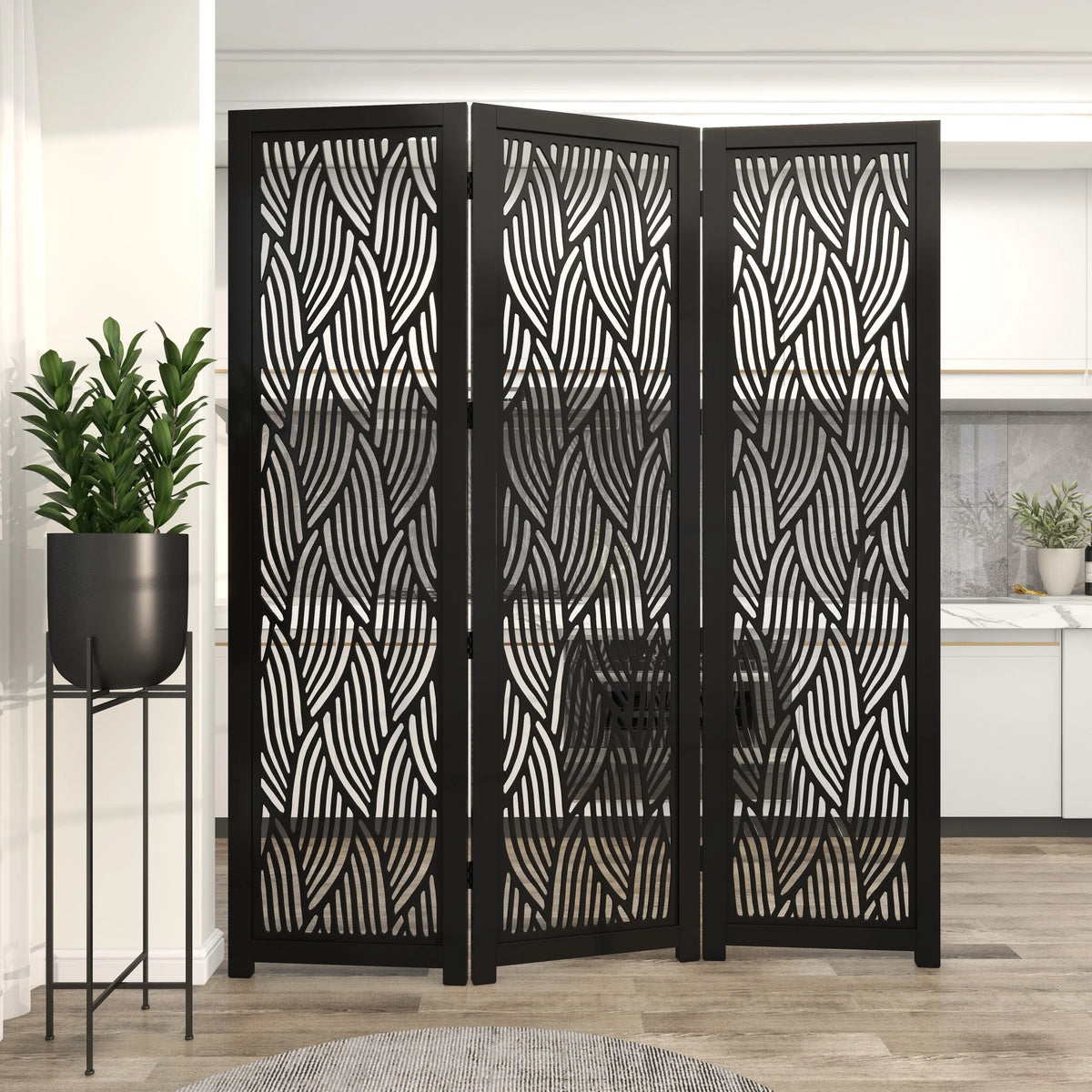 Decmode 60" x 72" Black Mango Wood Abstract Wavy Cutout 3 Panel Room Divider Screen, 1 - Piece - Product image 11