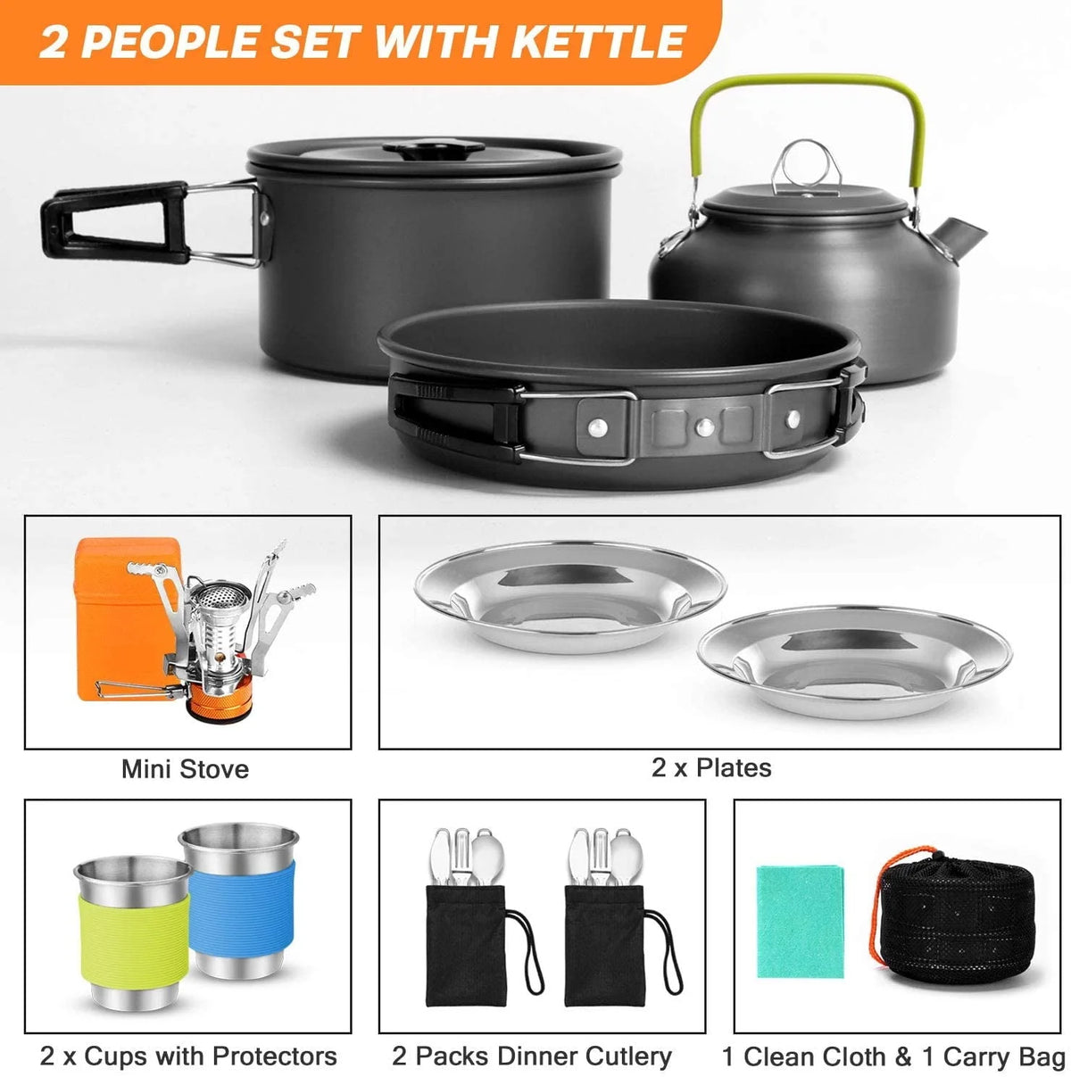 16pcs Camping Cookware Set with Folding Camping Stove, Non - Stick Lightweight Pot Pan Kettle Set with - Product image 2