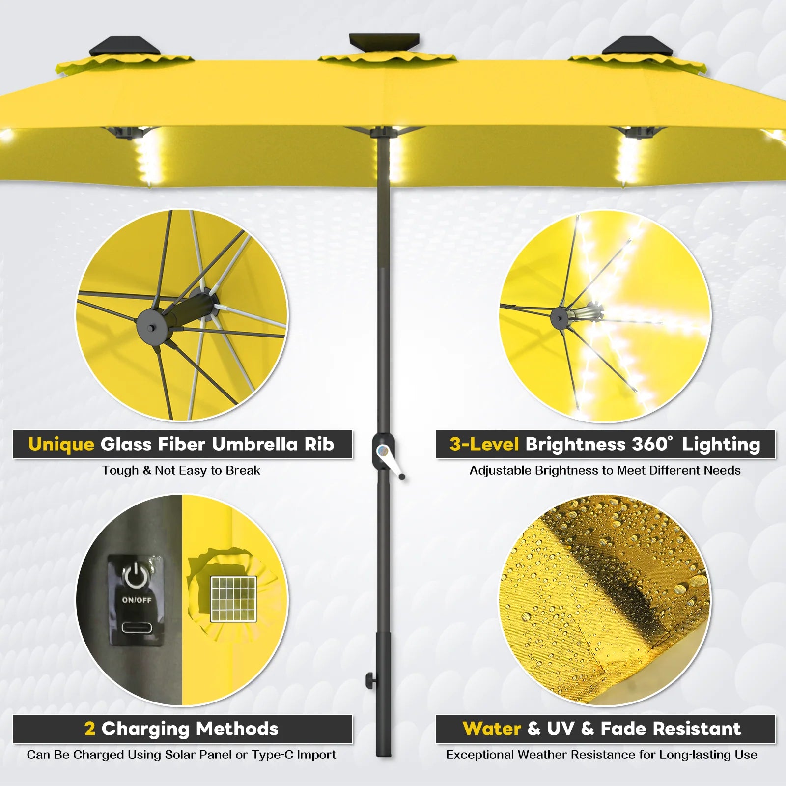 AECOJOY 15ft Patio Double-Sided Umbrella, 156 PCS Solar LED Light Outdoor Large Umbrella, Yellow - Product image 5