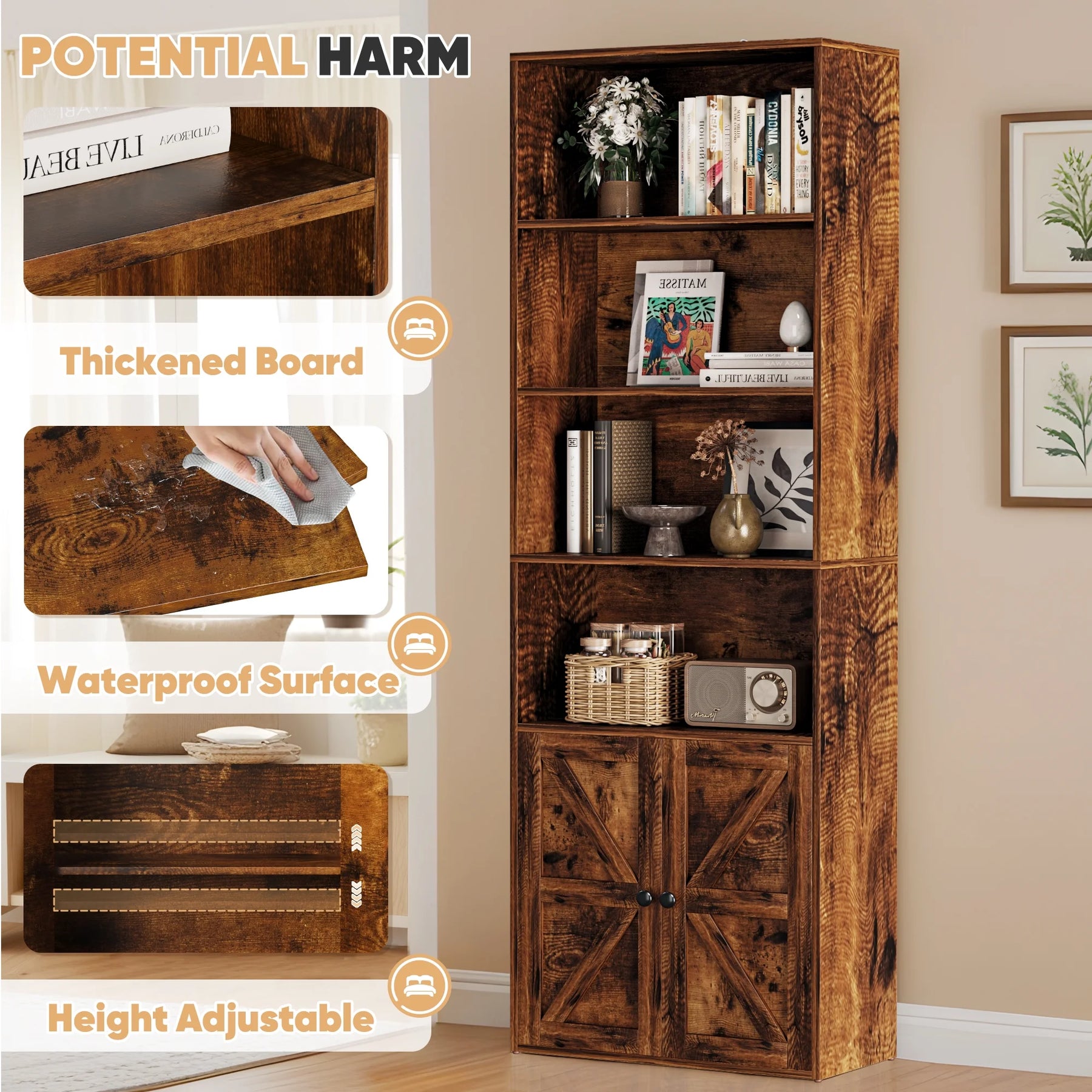Furmax 1 Piece 4 - Shelf Farmhouse Bookcases 4 - Tier Bookshelf with Adjustable Shelves&Doors - Product image 28