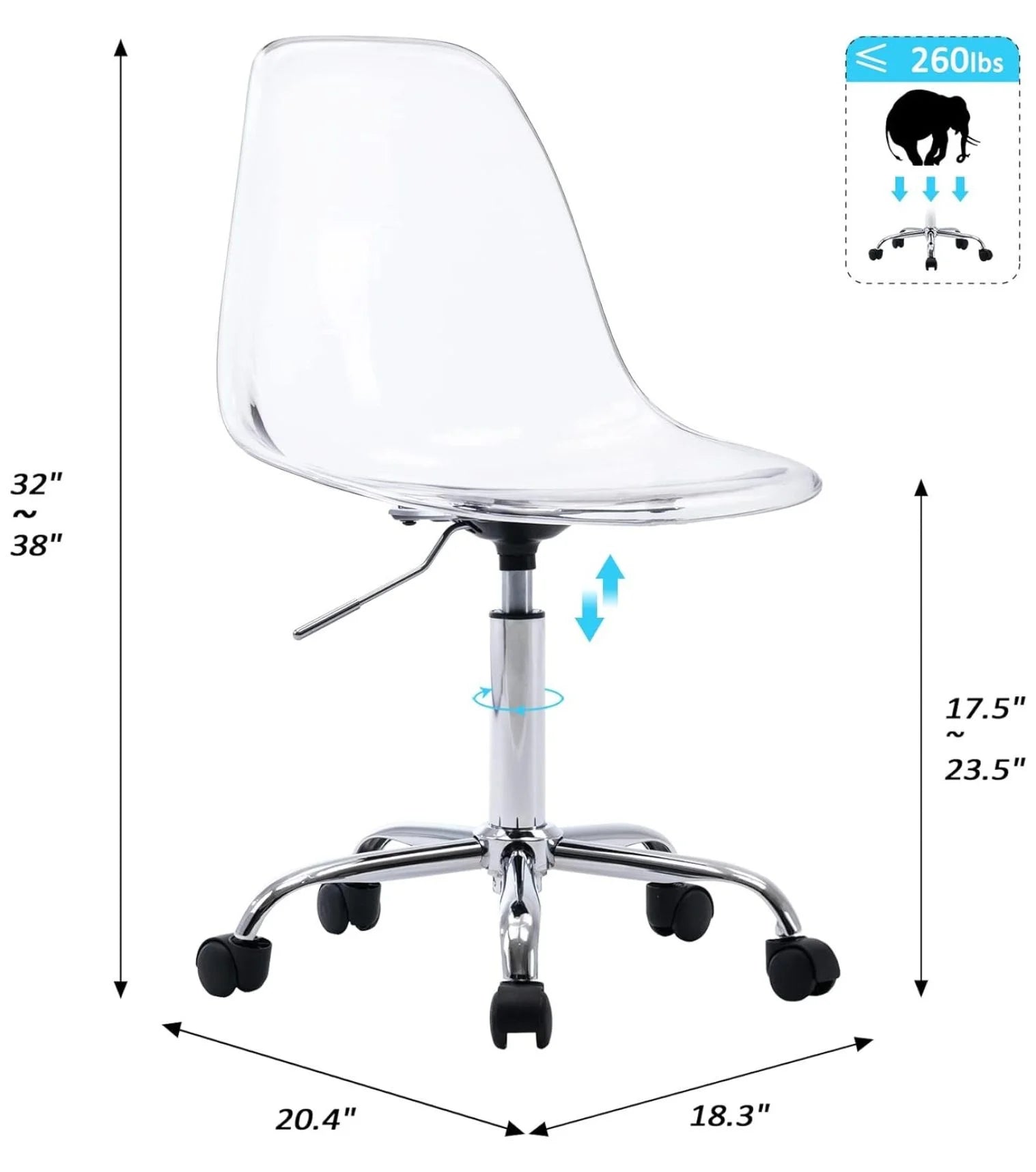 Echoworld Clear Rolling Chair, Armless Desk Chair with Golden Feet Swivel Molded Plastic Shell Adjustable - Product image 18