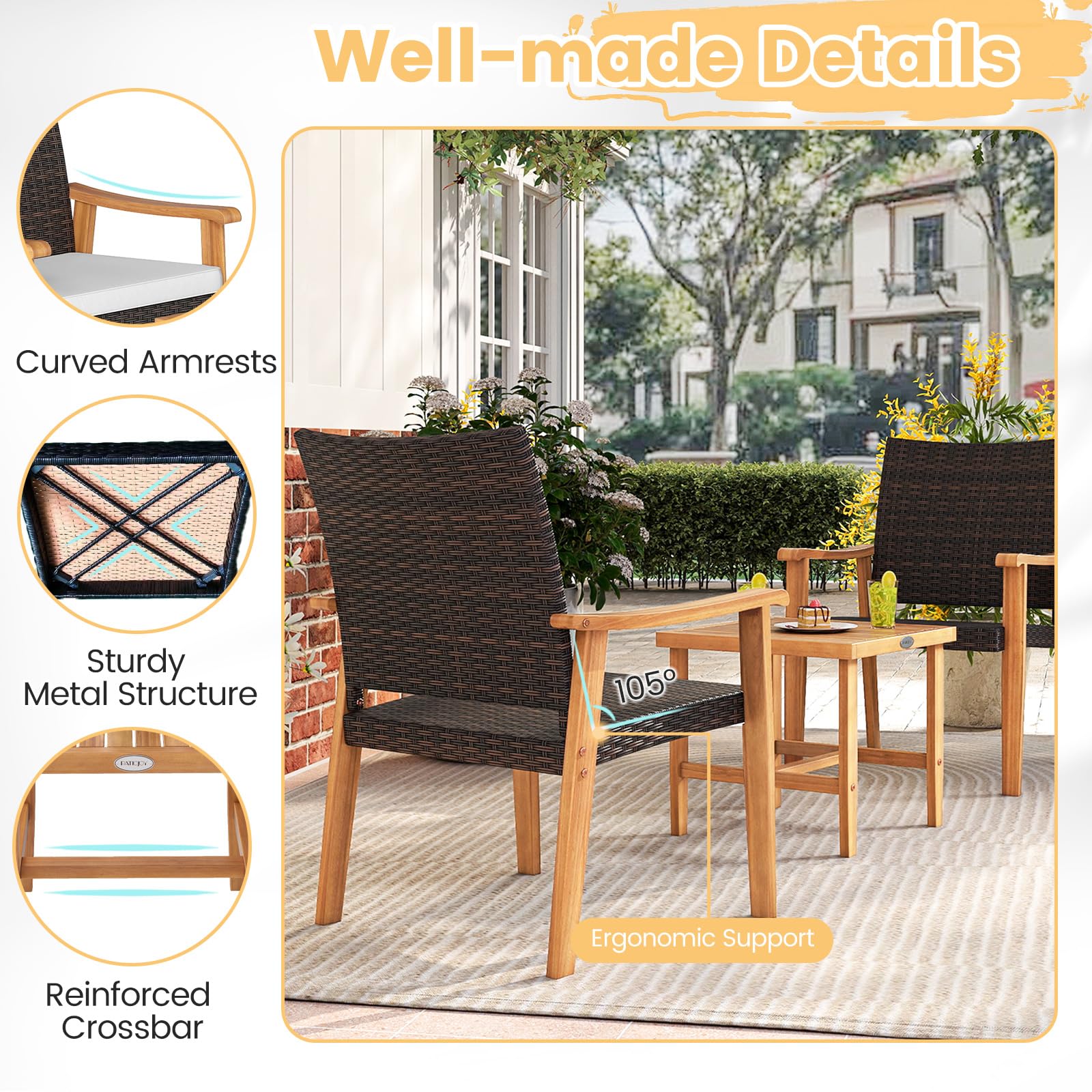 Tangkula 3 Pieces Patio PE Wicker Furniture Set Acacia Wood Outdoor Conversation Bistro Set