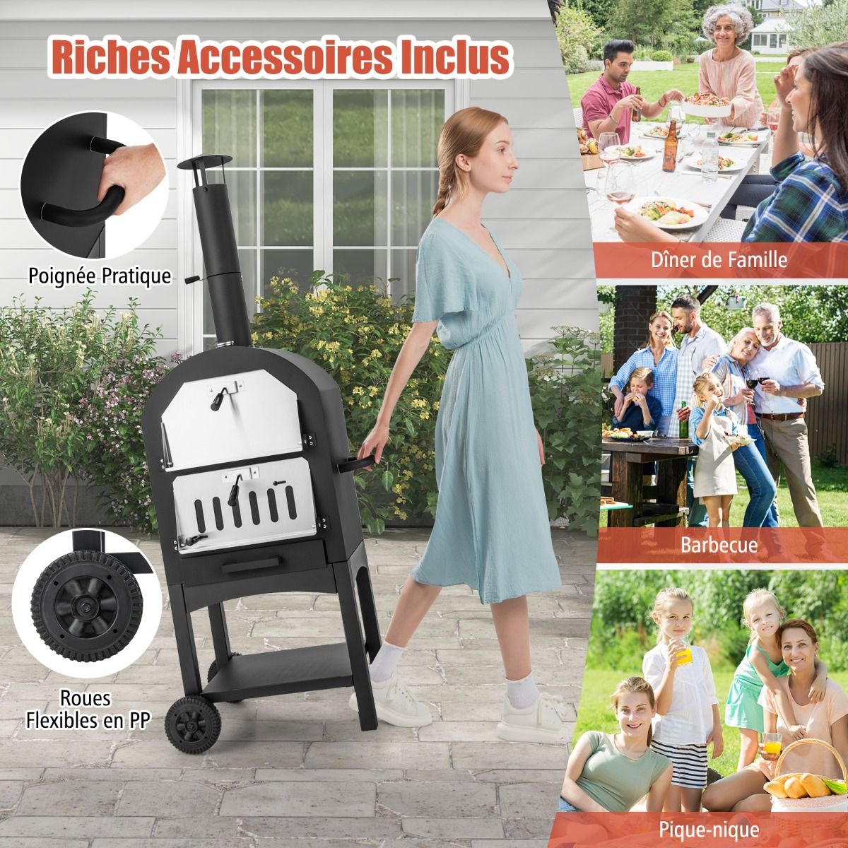 Outdoor Charcoal Pizza Oven with Pizza Shovel Pizza Stone Waterproof Cover Chimney and Double Thermometer Black -