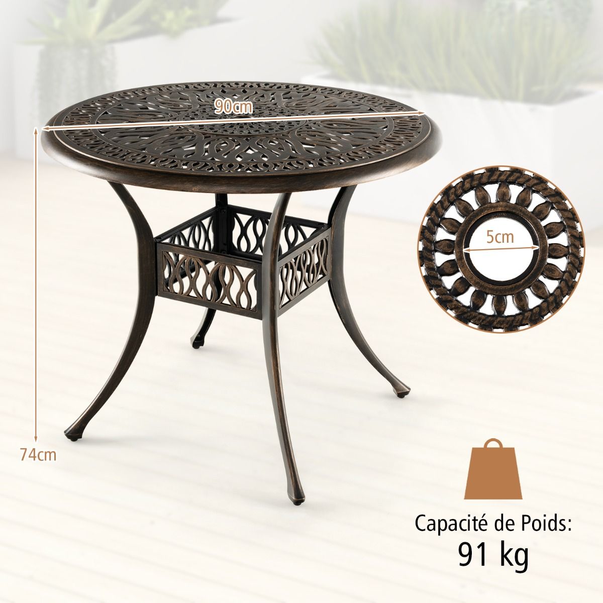 Round Garden Table in Cast Aluminum 90x90x74CM with Hole for 5CM Parasol Outdoor Table with Adjustable Non-Slip Foot -