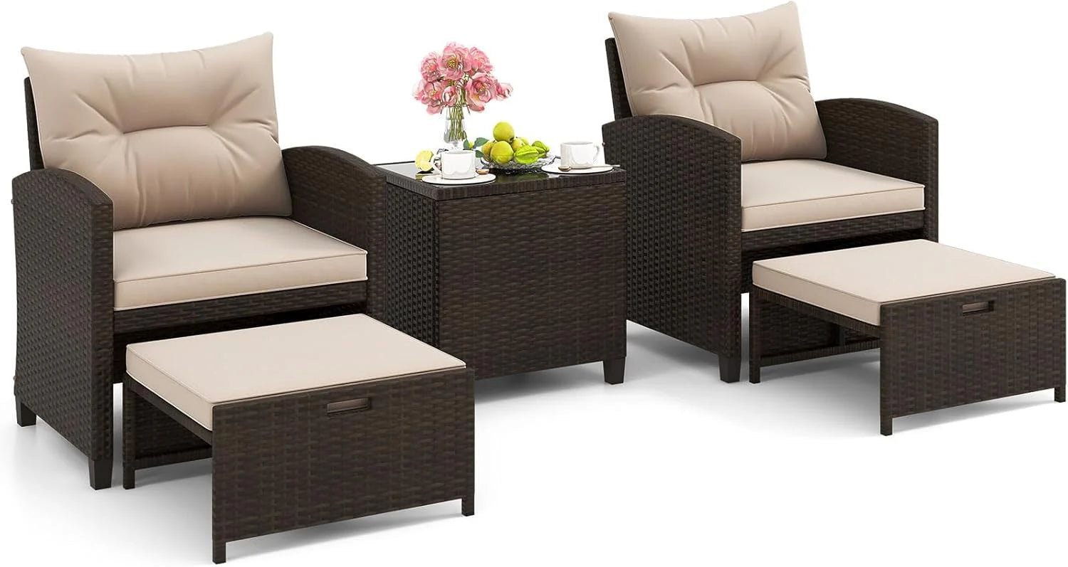 Tangkula 5 Piece Patio Rattan Furniture - Wicker Cushioned Chairs Set w/ 2 Ottomans & Tempered Glass - Product image 13