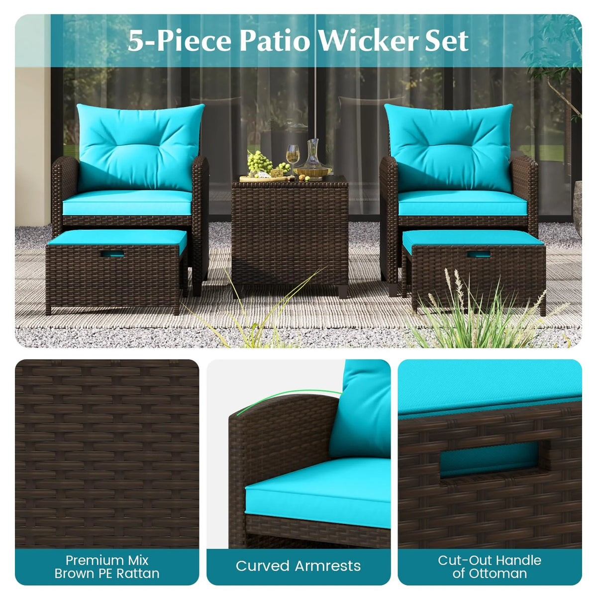 Tangkula 5 Piece Patio Rattan Furniture - Wicker Cushioned Chairs Set w/ 2 Ottomans & Tempered Glass Coffee - Product image 6
