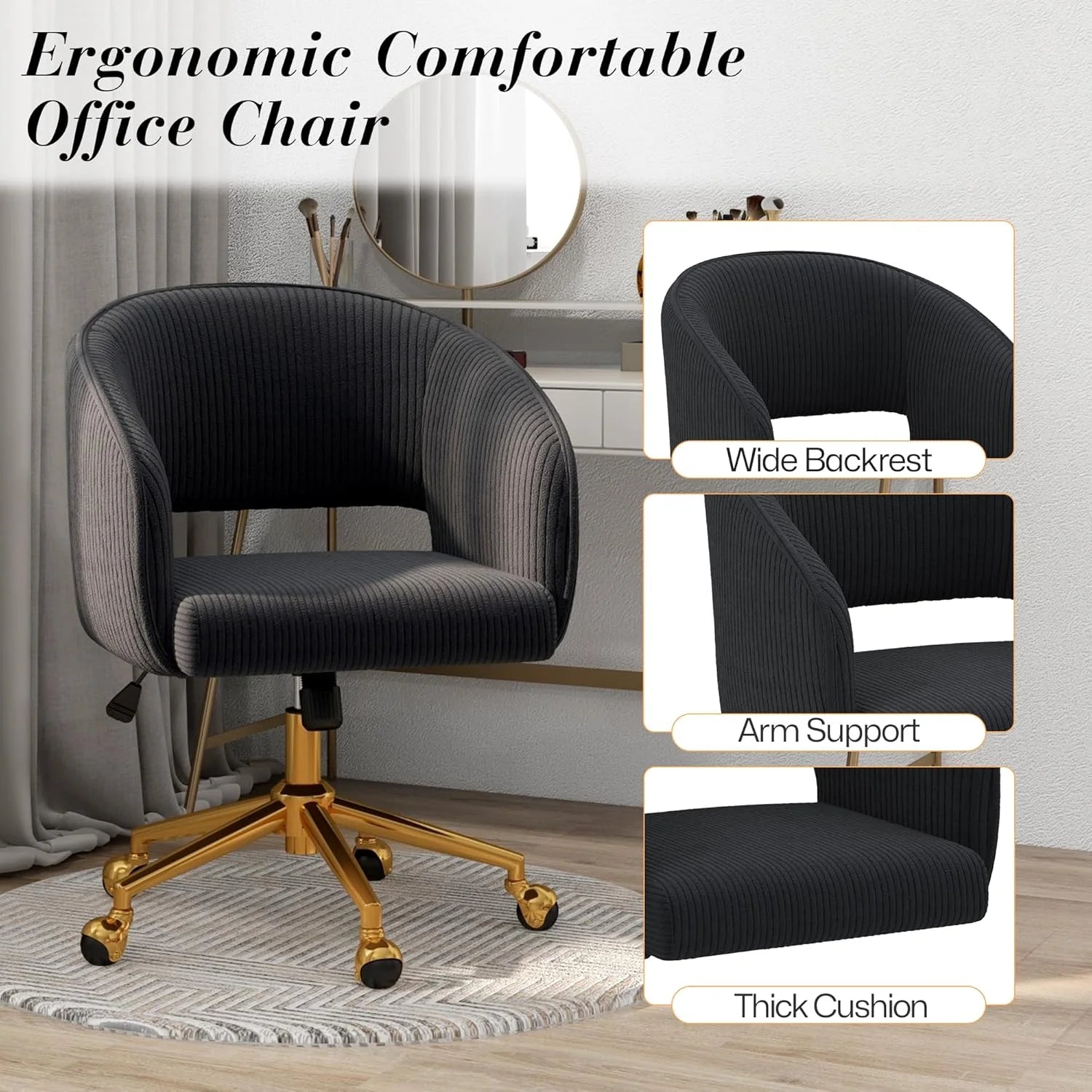 Home Office Swivel Desk Chair, Modern Velvet Vanity Chair, Height Adjustable Armchair with Gold Base - Product image 40