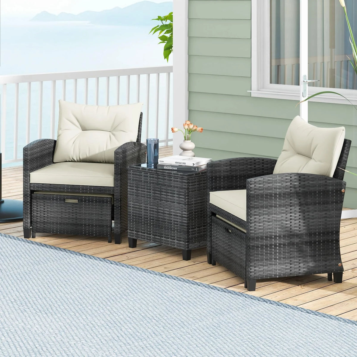 Tangkula 5 Piece Patio Rattan Furniture - Wicker Cushioned Chairs Set w/ 2 Ottomans & Tempered Glass - Product image 11