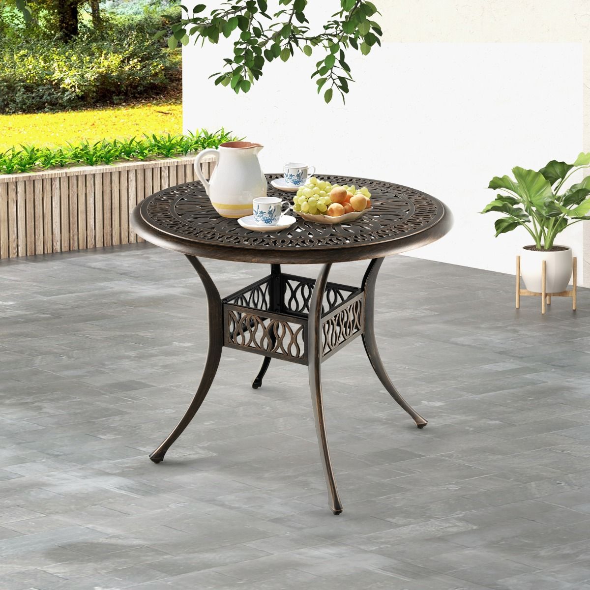 Round Garden Table in Cast Aluminum 90x90x74CM with Hole for 5CM Parasol Outdoor Table with Adjustable Non-Slip Foot -