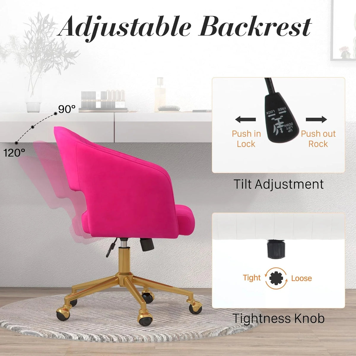 Home Office Swivel Desk Chair, Modern Velvet Vanity Chair, Height Adjustable Armchair with Gold Base - Product image 27