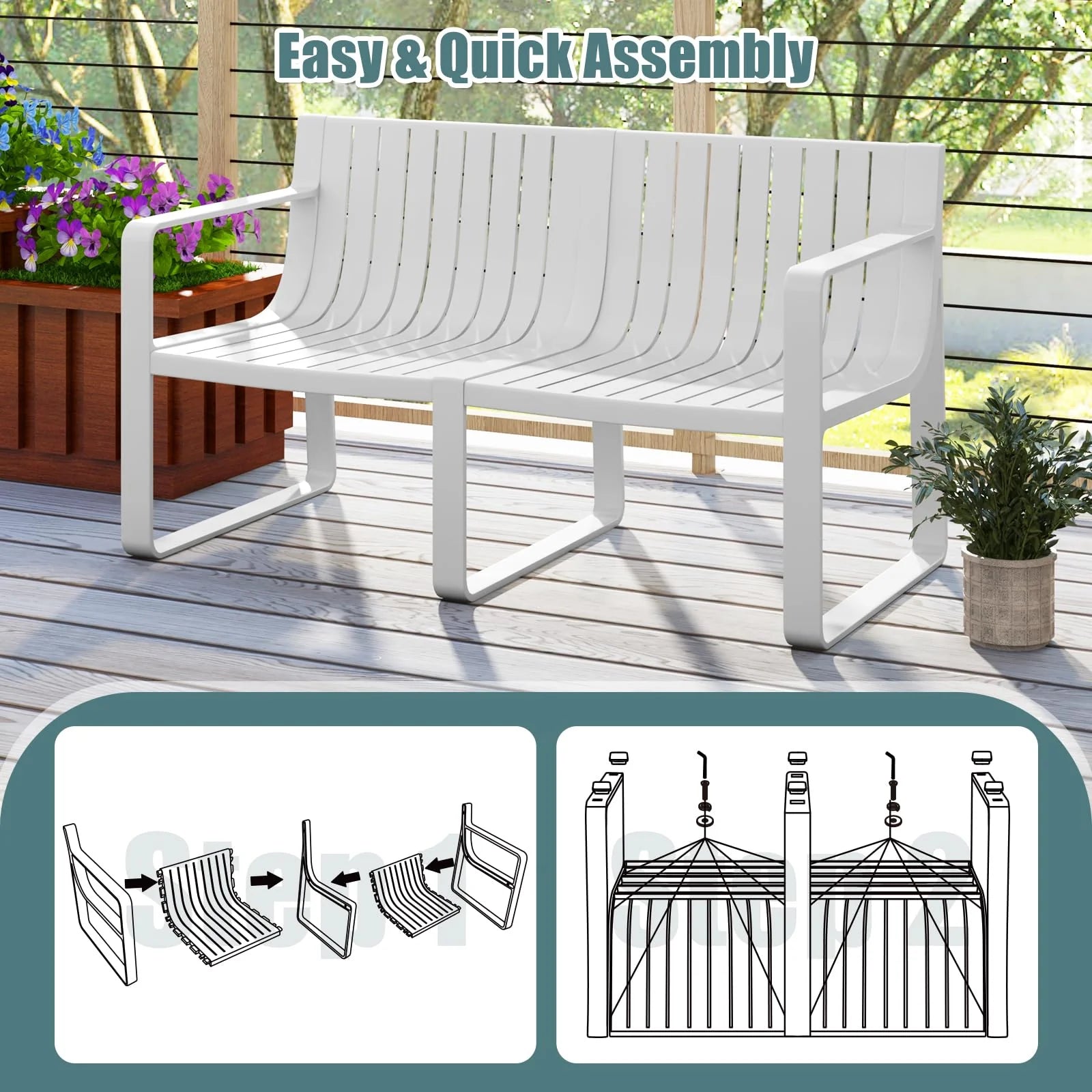 All-Weather Plastic Outdoor Patio Bench, 2-Person Garden Loveseat with Curved Backrest & Slatted Design - Product image 15