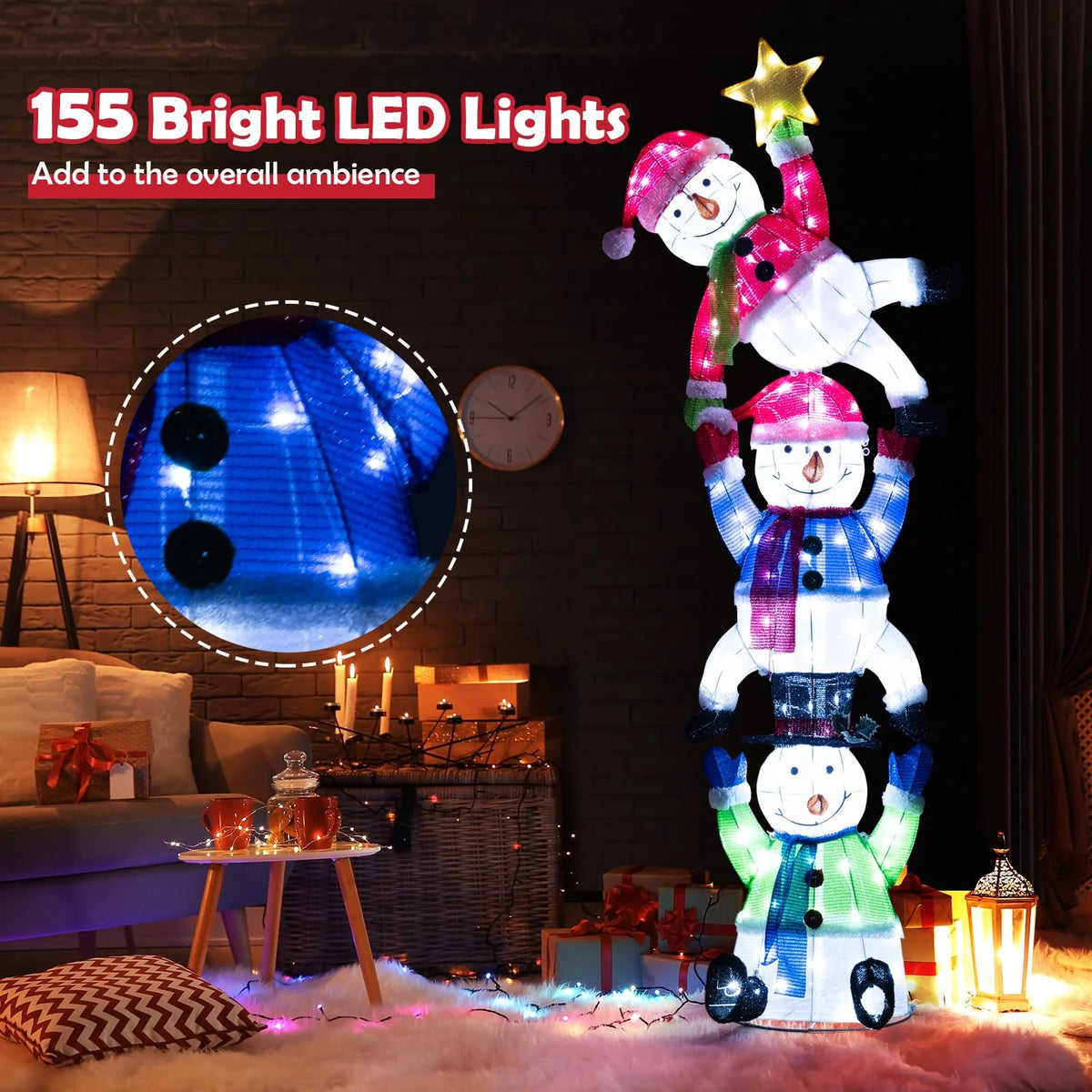 Tangkula 6 FT Lighted Christmas Stacked Snowman Set, Light-up Christmas Decoration with 155 LED Lights - Product image 5