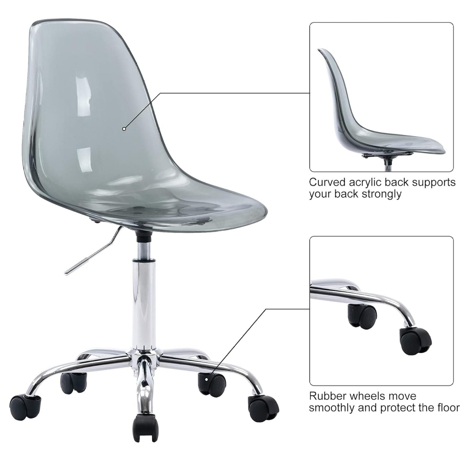 Echoworld Clear Rolling Chair, Armless Desk Chair with Golden Feet Swivel Molded Plastic Shell Adjustable - Product image 31