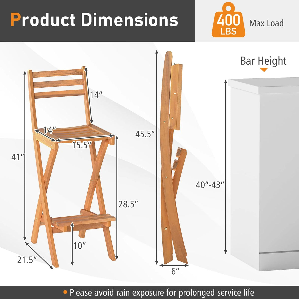 Tangkula Outdoor Portable High Top Acacia Wood Bar Height Chair with Backrest & Footrest - Product image 3