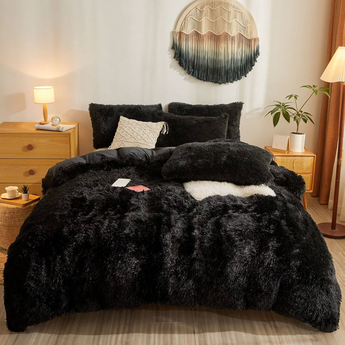Besfunny Fluffy Black Shaggy Plush Comforter Cover Set, Ultra Soft Faux Fur Duvet Cover Bedding Sets Queen - Product image 1