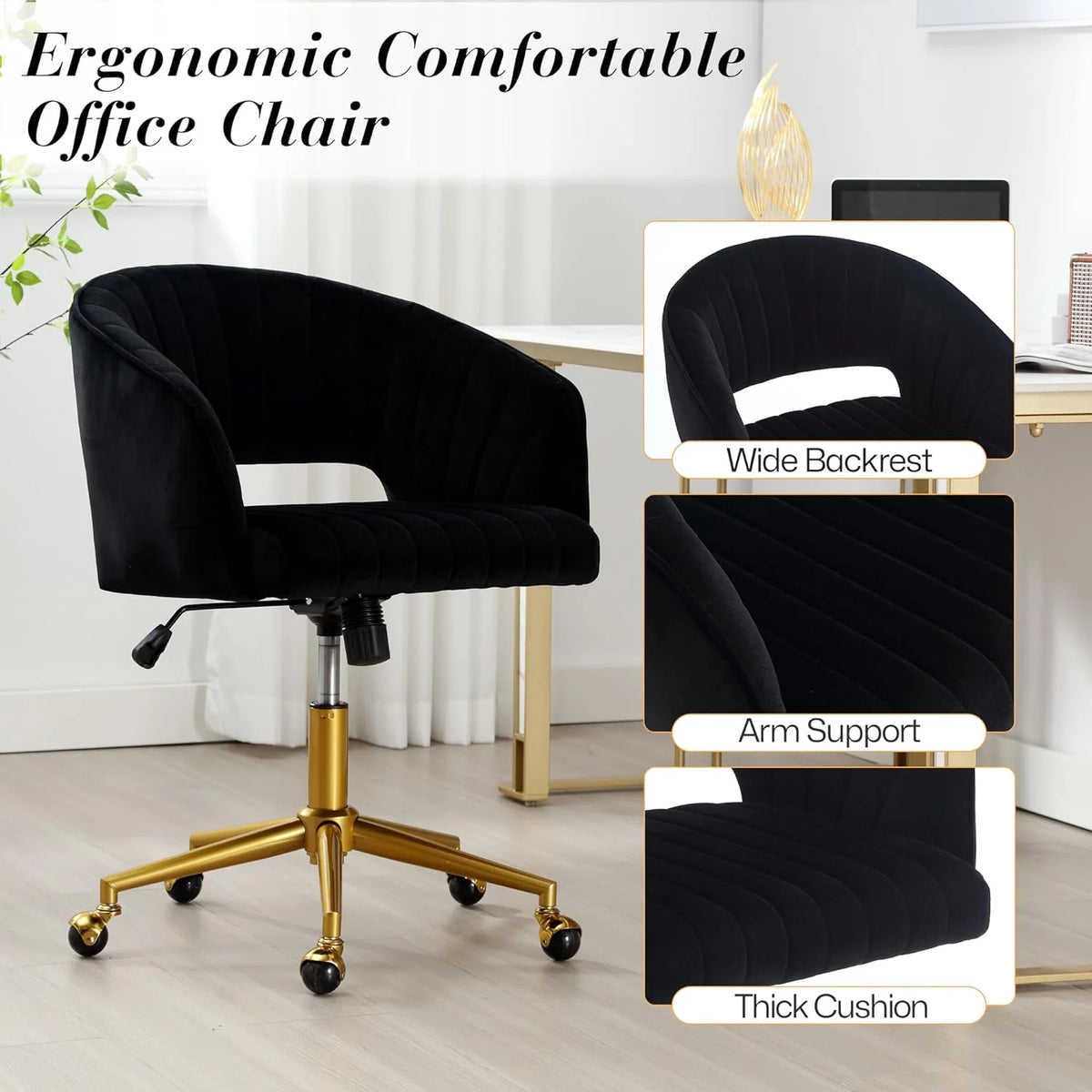 Home Office Swivel Desk Chair, Modern Velvet Vanity Chair, Height Adjustable Armchair with Gold Base - Product image 32