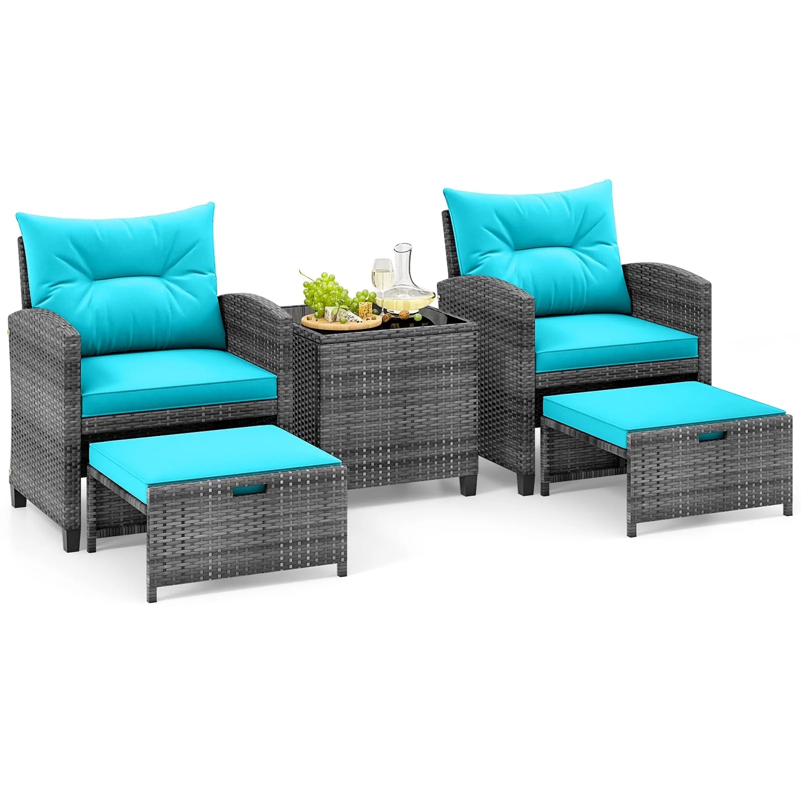Tangkula 5 Piece Patio Rattan Furniture - Wicker Cushioned Chairs Set w/ 2 Ottomans & Tempered Glass - Product image 12