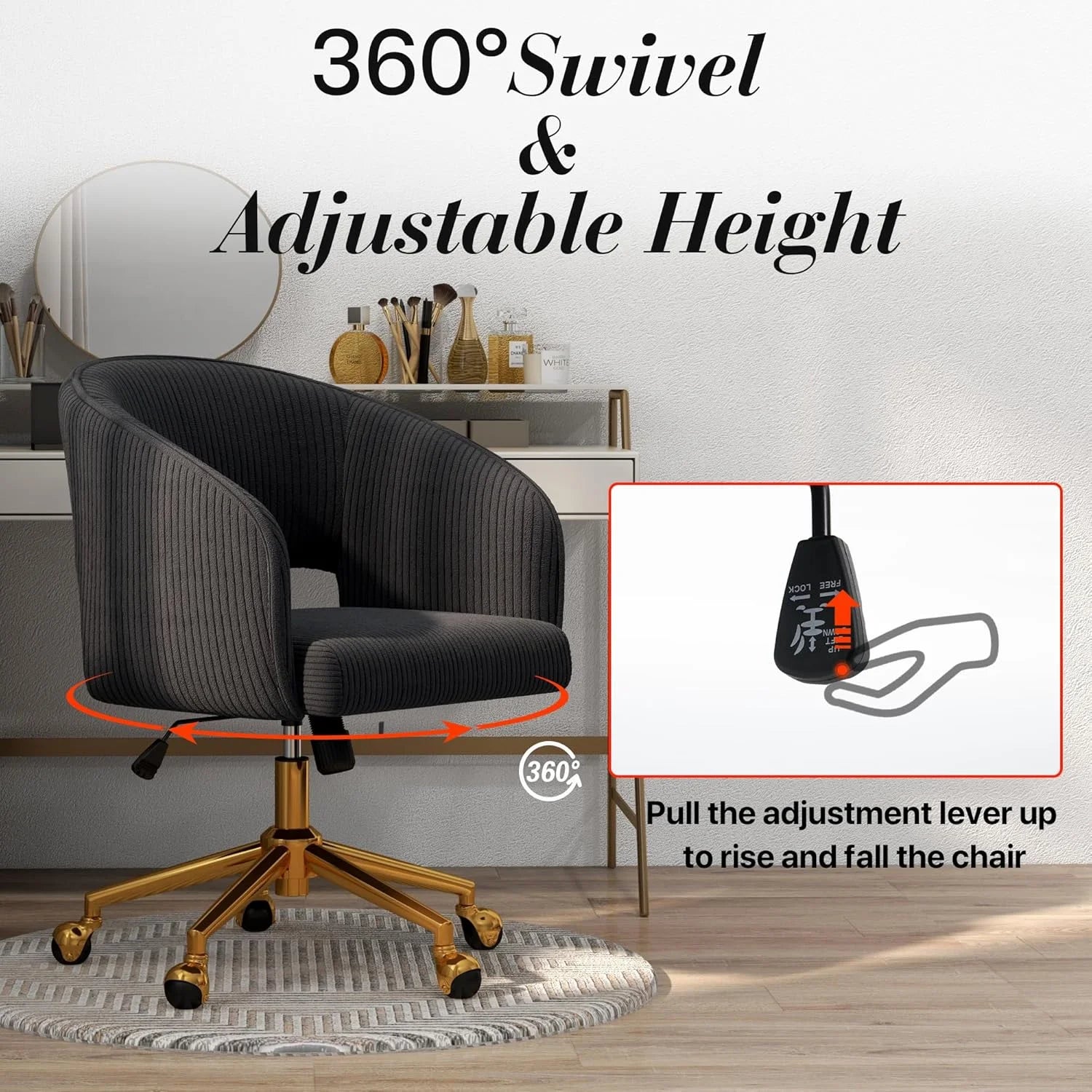 Home Office Swivel Desk Chair, Modern Velvet Vanity Chair, Height Adjustable Armchair with Gold Base - Product image 43