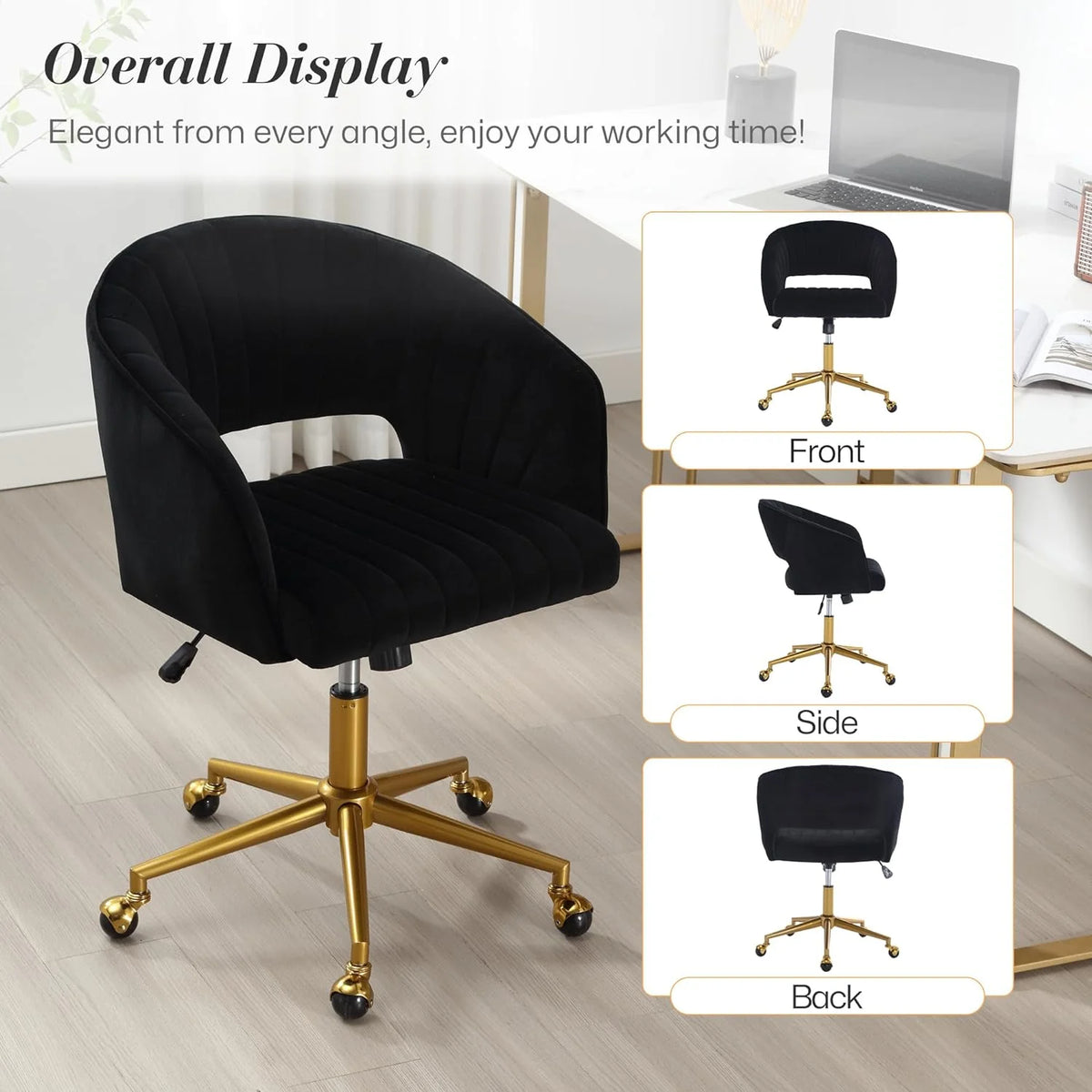 Home Office Swivel Desk Chair, Modern Velvet Vanity Chair, Height Adjustable Armchair with Gold Base - Product image 36