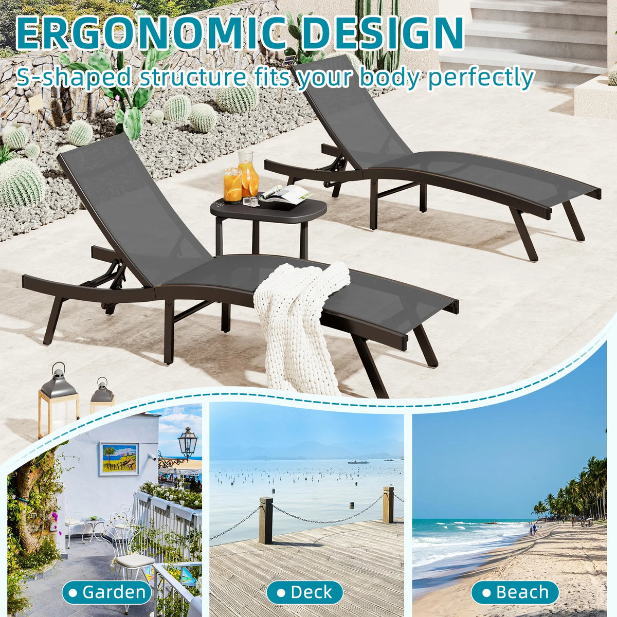 AECOJOY Outdoor Chaise Lounge, All Weather Pool Lounge Chairs Ergonomic Design (Dark Grey, 2 PCs) - Product image 4