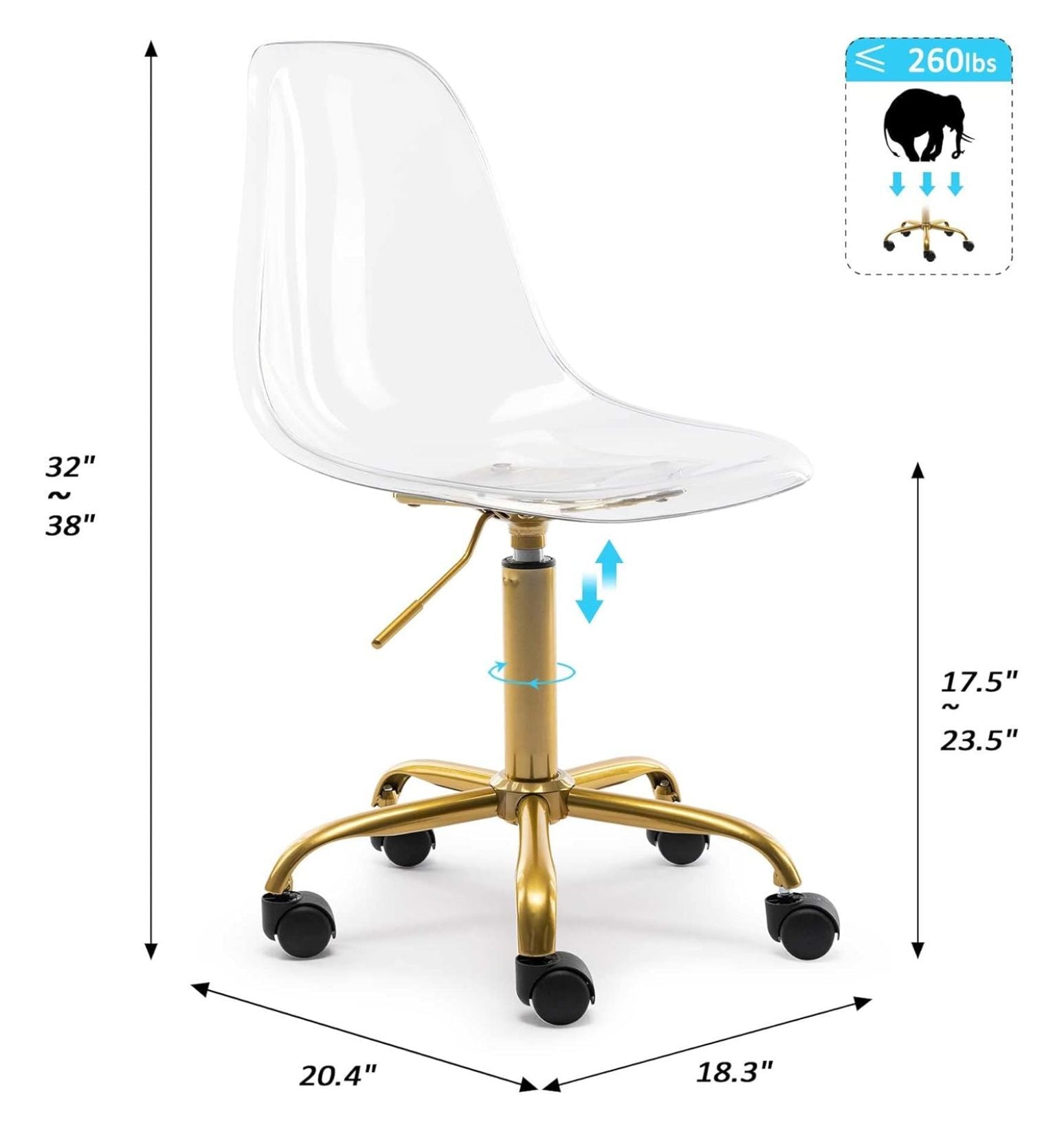 Echoworld Clear Rolling Chair, Armless Desk Chair with Golden Feet Swivel Molded Plastic Shell Adjustable - Product image 2