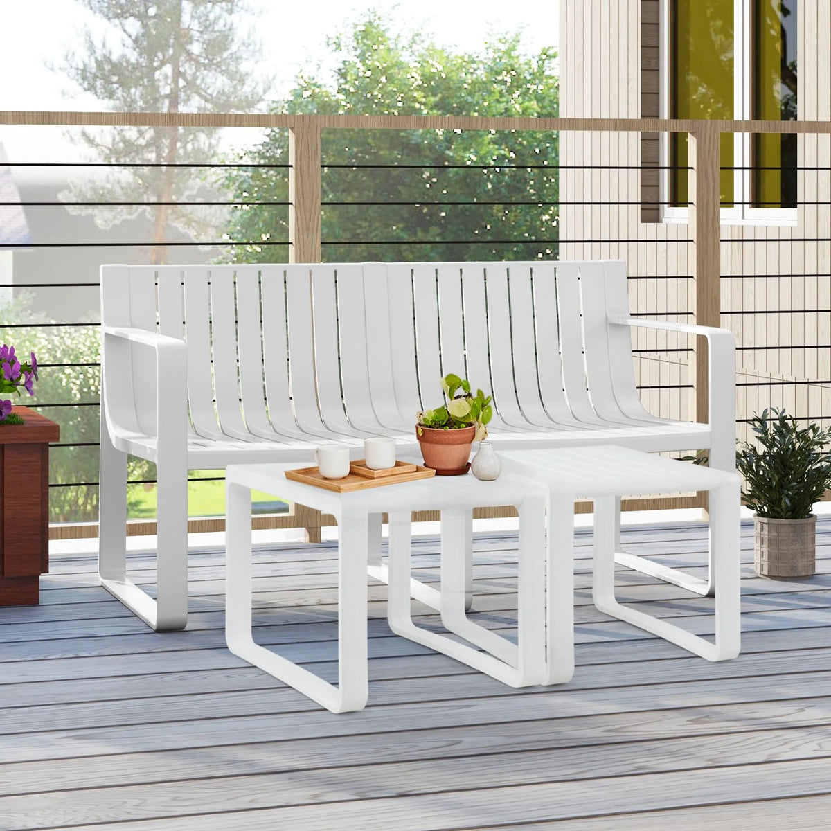 All-Weather Plastic Outdoor Patio Bench, 2-Person Garden Loveseat with Curved Backrest & Slatted Design - Product image 12