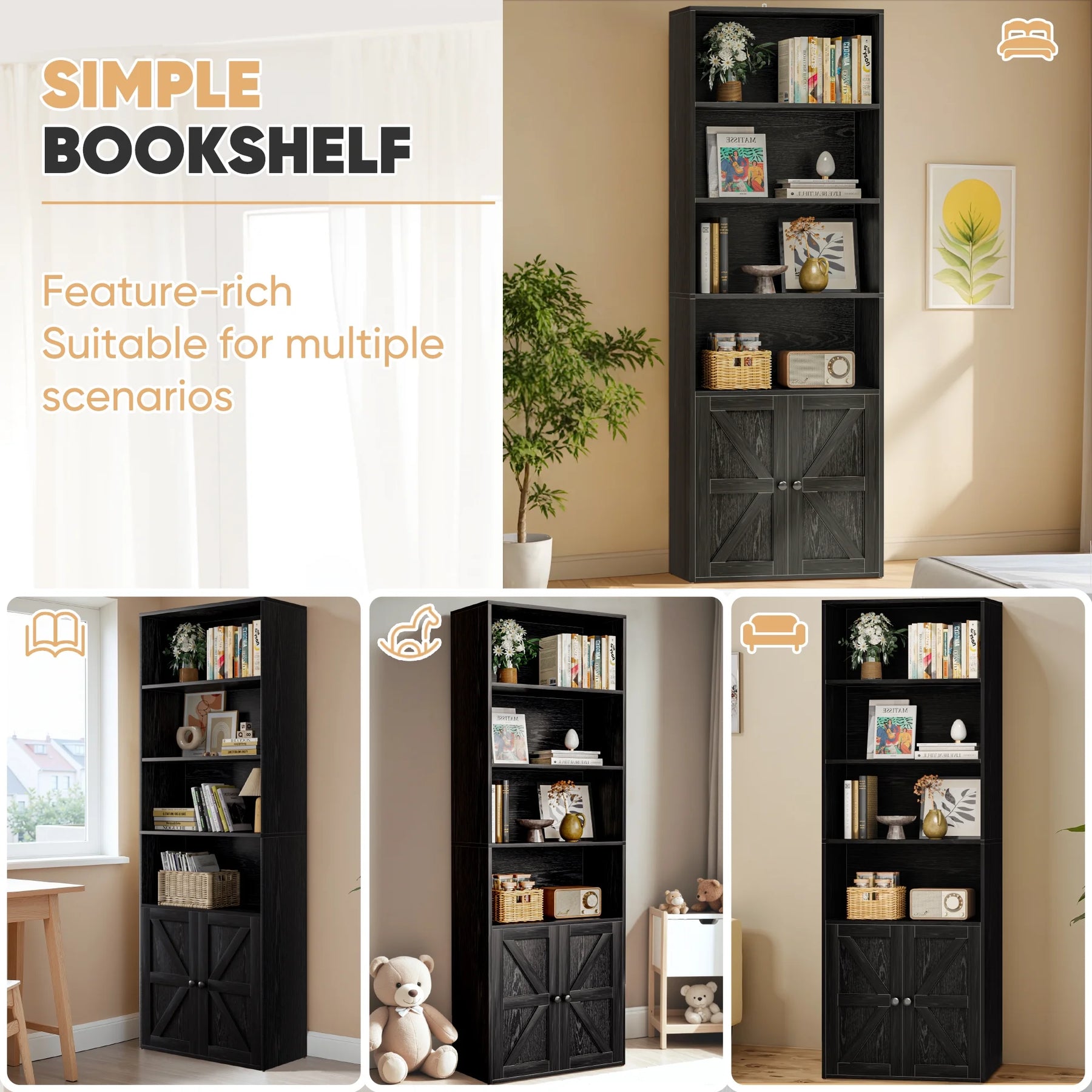 Furmax 1 Piece 4 - Shelf Farmhouse Bookcases 4 - Tier Bookshelf with Adjustable Shelves&Doors - Product image 21