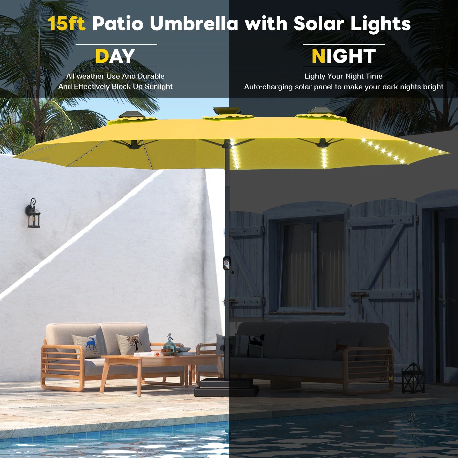 AECOJOY 15ft Patio Double-Sided Umbrella, 156 PCS Solar LED Light Outdoor Large Umbrella, Yellow - Product image 6