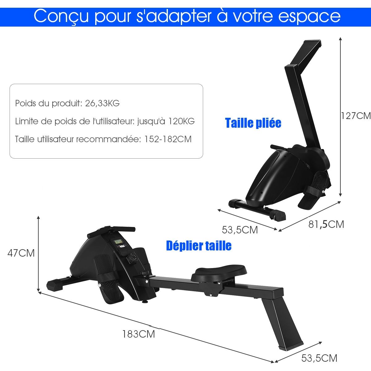 Foldable Rowing Machine with Resistance 10 Levels LCD Screen Capacity 120kg Arm Strength Training Cardio-Training Black -