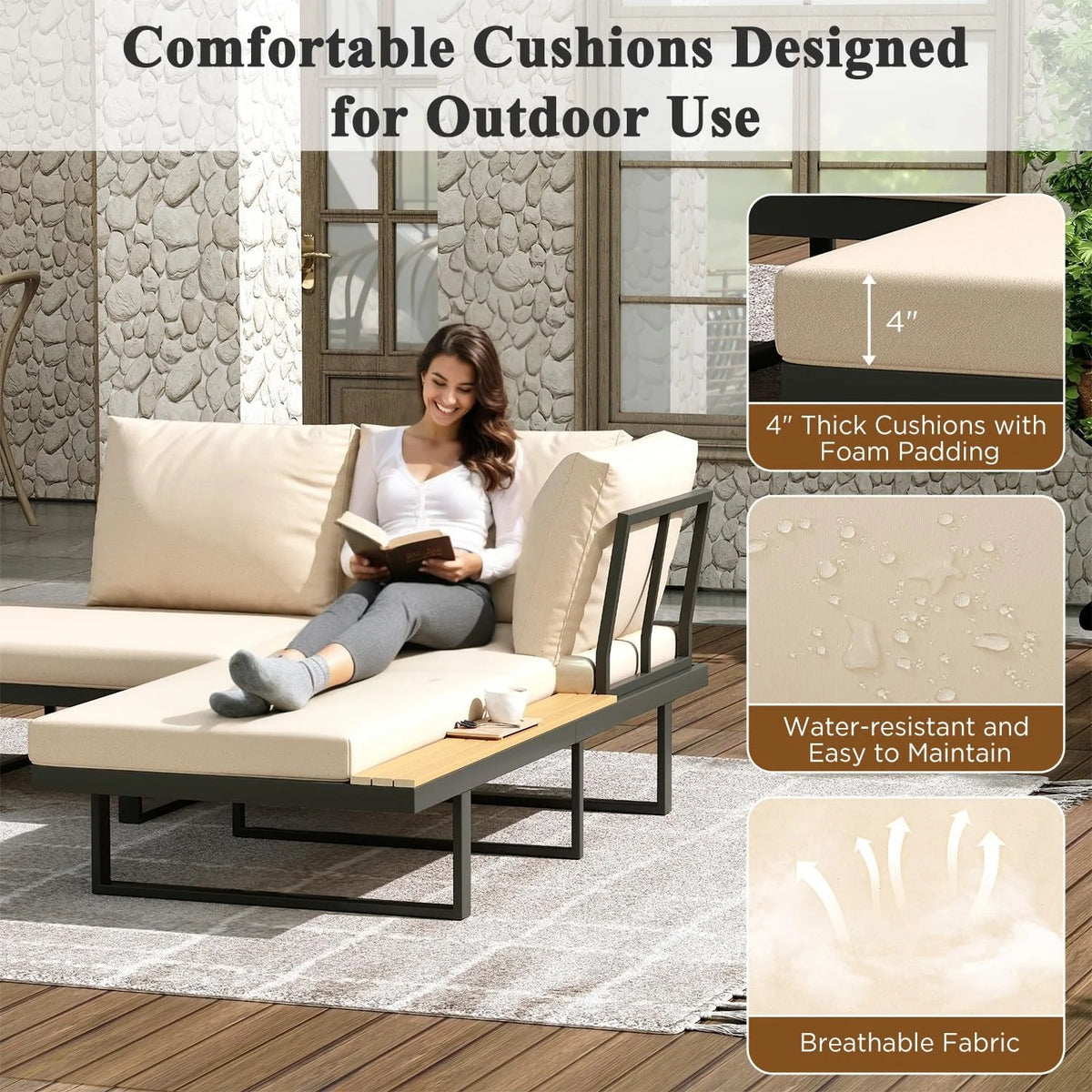 AECOJOY 4 Piece Metal Patio Furniture Set with Waterproof Cover, Convertible Outdoor Daybed with Coffee - Product image 15