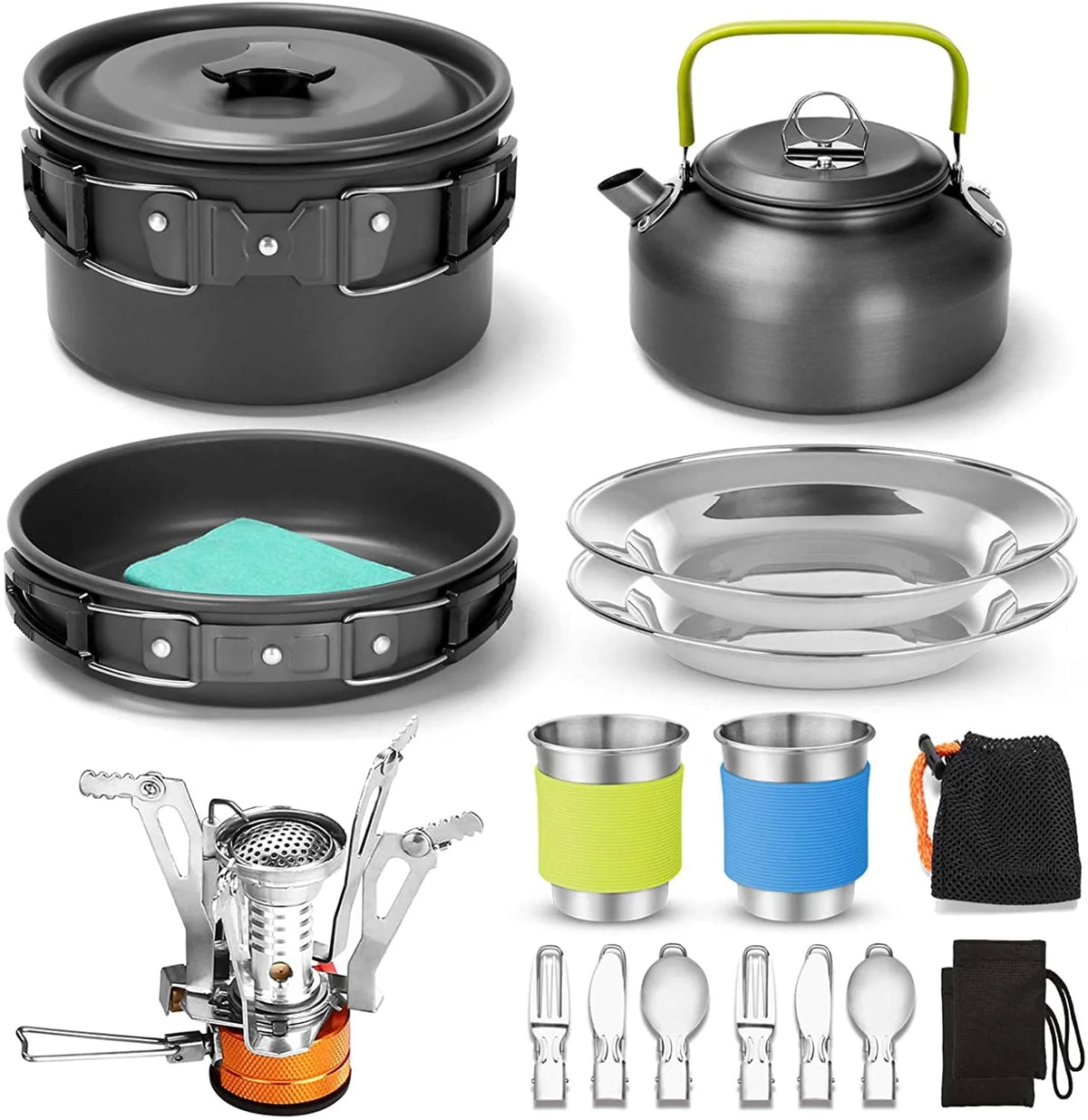 16pcs Camping Cookware Set with Folding Camping Stove, Non - Stick Lightweight Pot Pan Kettle Set with - Product image 1