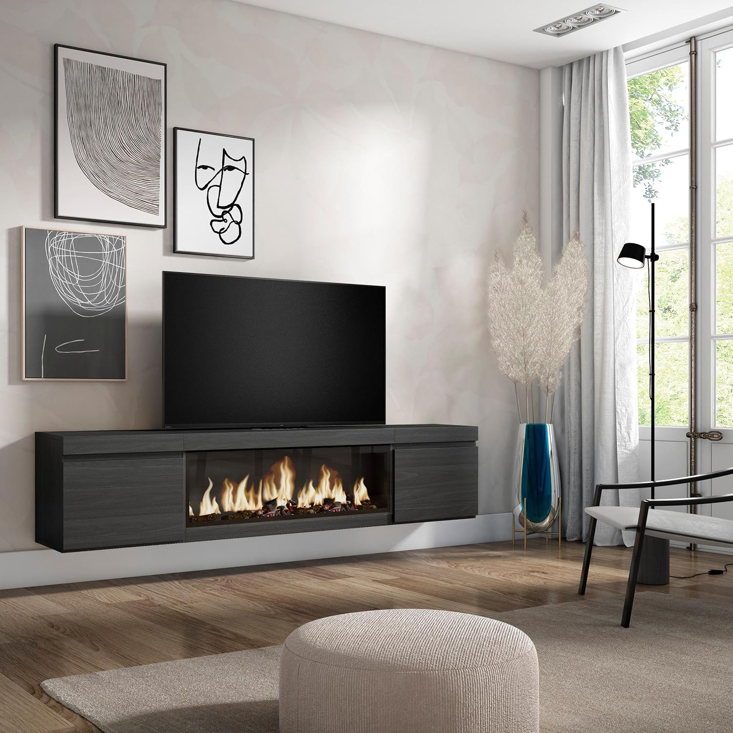 Skraut Home | TV cabinet | TV Bench | Large Storage Space | 210 | for TVs up to 80" | XXL electric fireplace | Suspended, Wall | Modern Style | Black