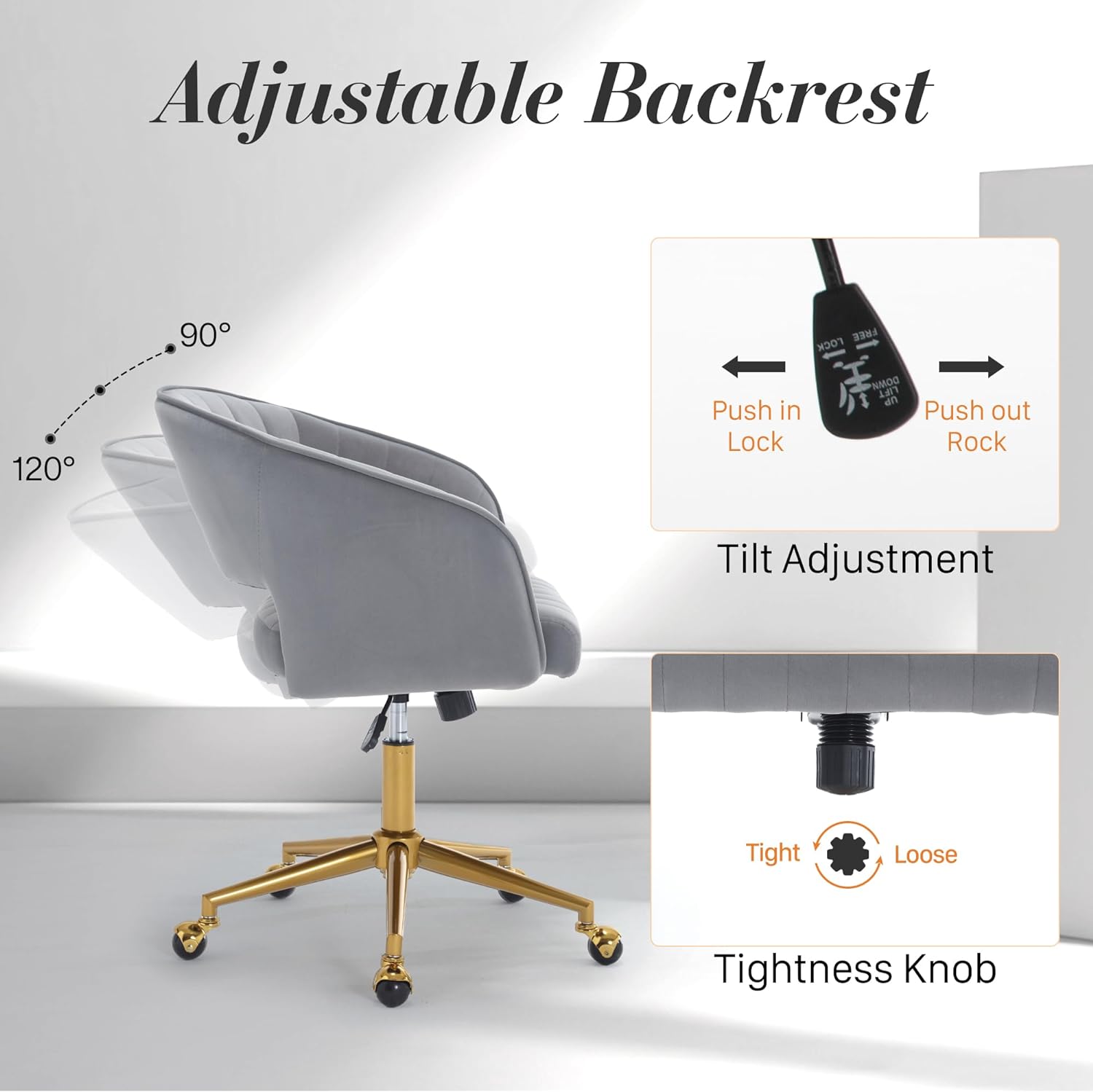 Home Office Swivel Desk Chair, Modern Velvet Vanity Chair, Height Adjustable Armchair with Gold Base - Product image 19