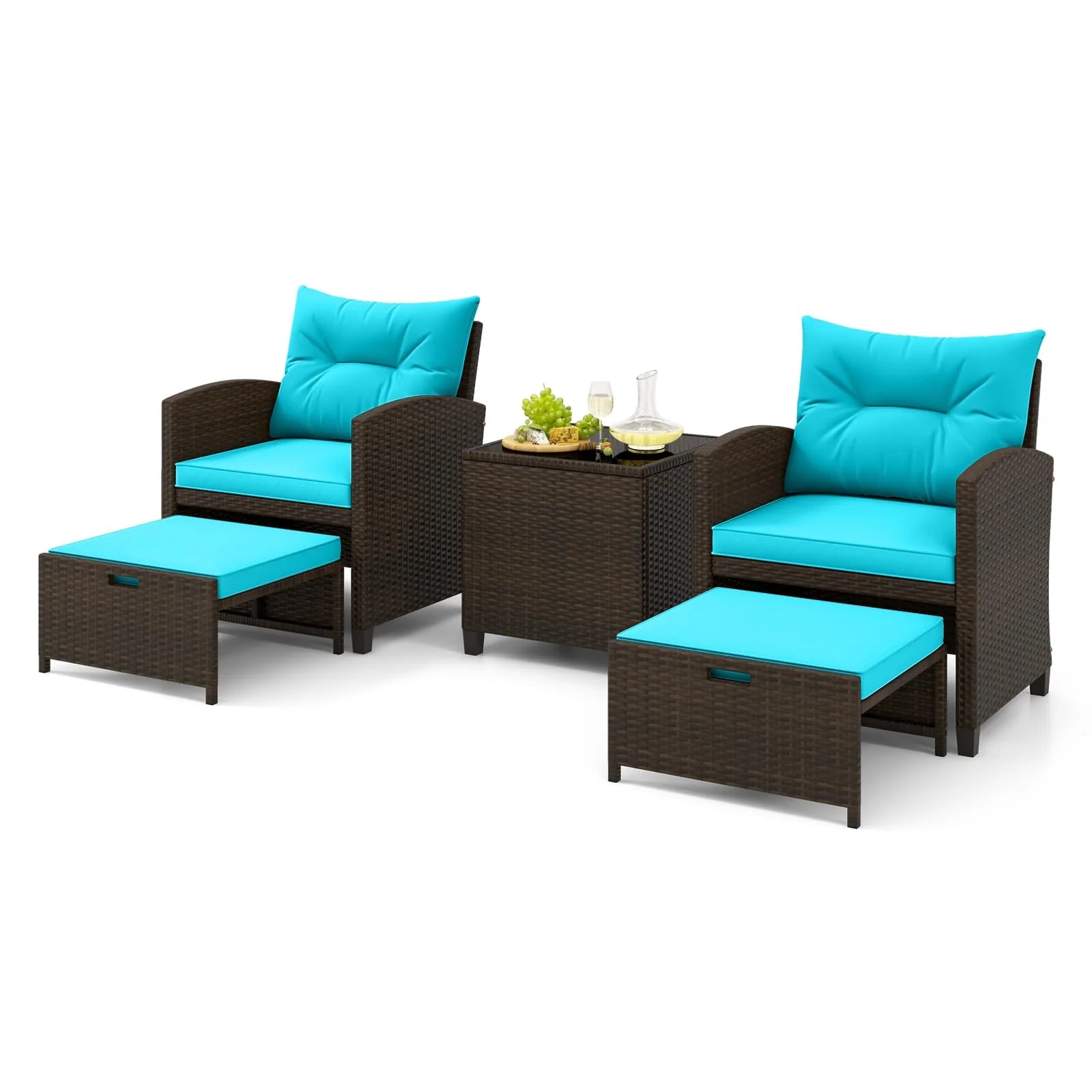 Tangkula 5 Piece Patio Rattan Furniture - Wicker Cushioned Chairs Set w/ 2 Ottomans & Tempered Glass Coffee - Product image 1