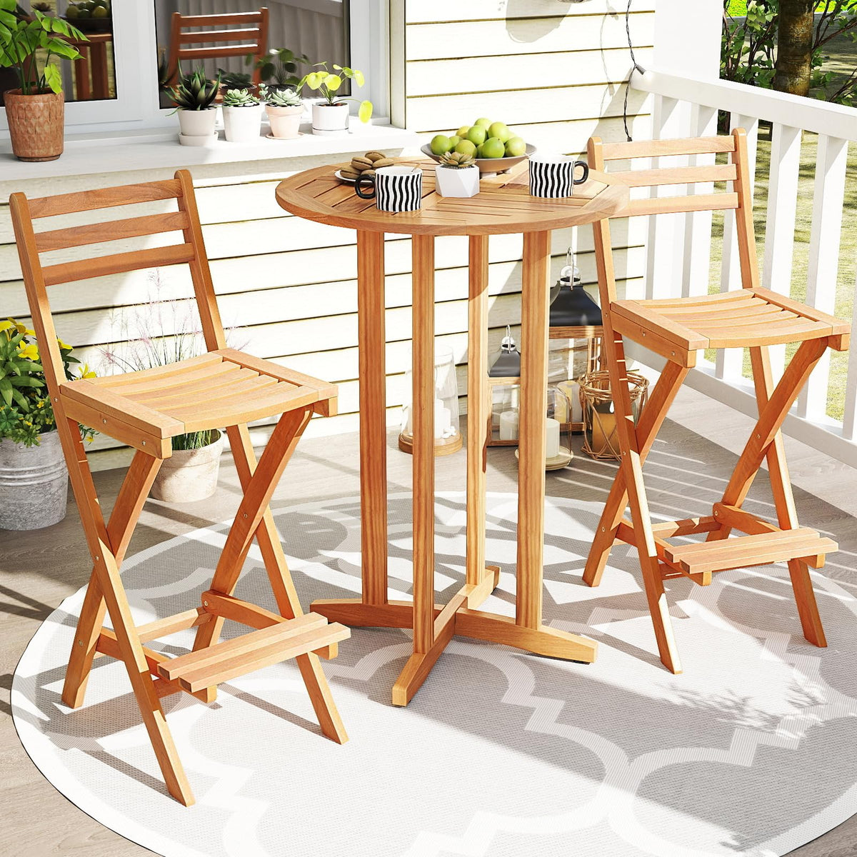 Tangkula Outdoor Portable High Top Acacia Wood Bar Height Chair with Backrest & Footrest - Product image 2