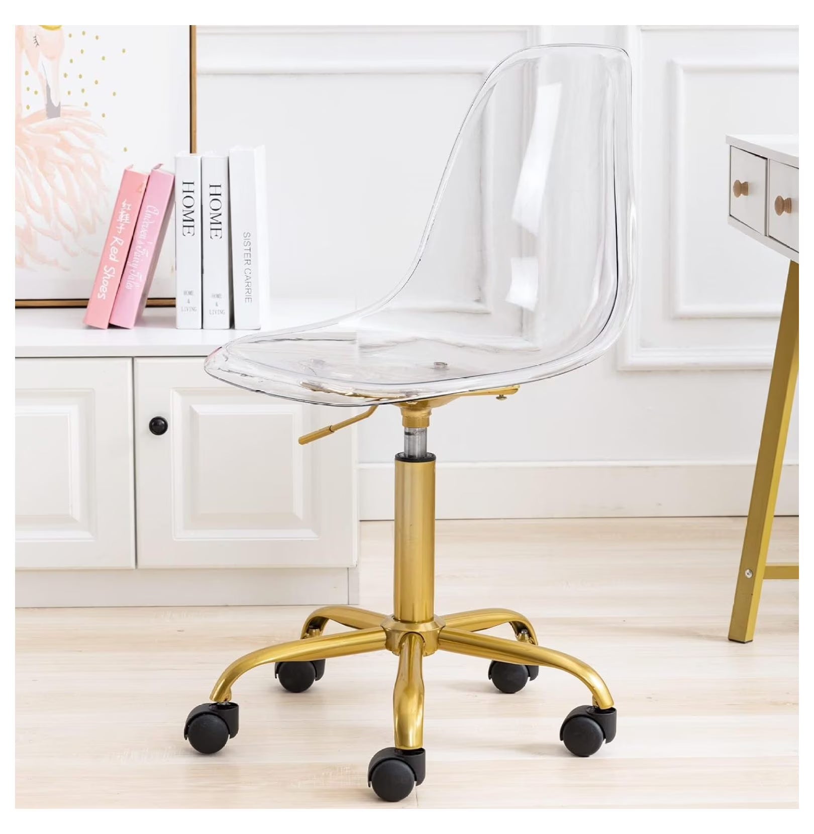 Echoworld Clear Rolling Chair, Armless Desk Chair with Golden Feet Swivel Molded Plastic Shell Adjustable - Product image 1