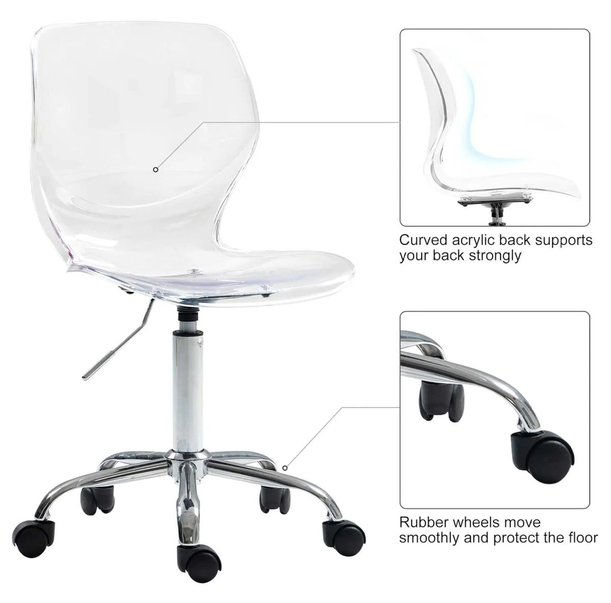Echoworld Clear Rolling Chair, Armless Desk Chair with Golden Feet Swivel Molded Plastic Shell Adjustable - Product image 27