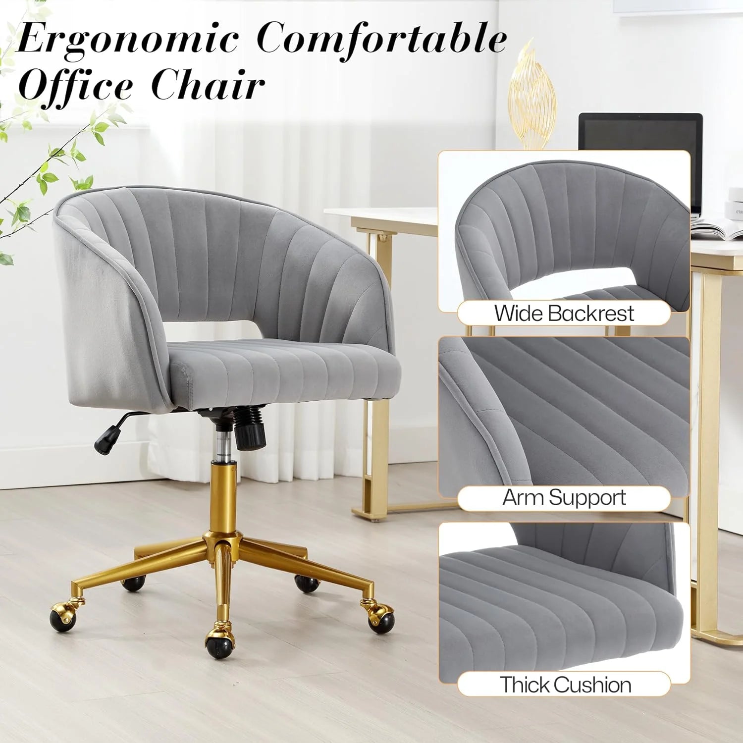 Home Office Swivel Desk Chair, Modern Velvet Vanity Chair, Height Adjustable Armchair with Gold Base - Product image 17