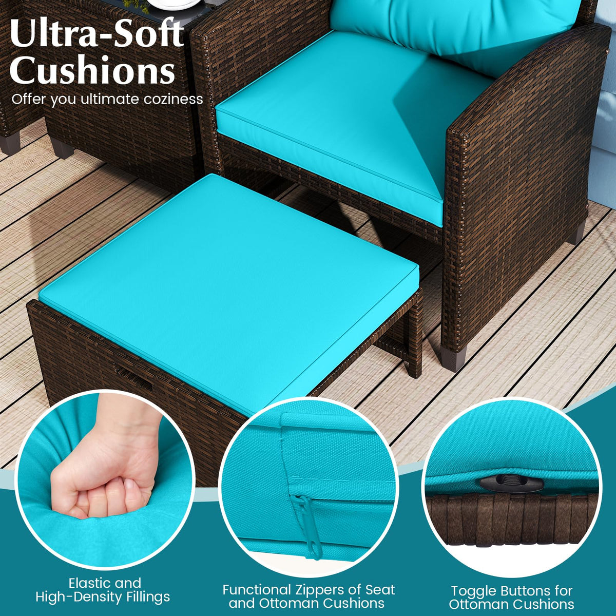 Tangkula 5 Piece Patio Rattan Furniture - Wicker Cushioned Chairs Set w/ 2 Ottomans & Tempered Glass Coffee - Product image 5