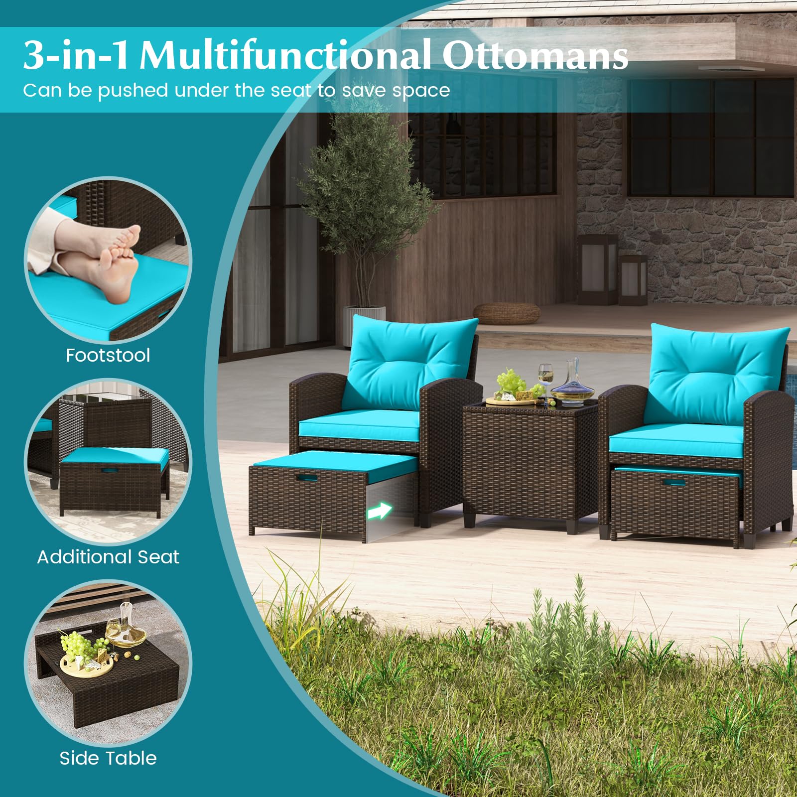 Tangkula 5 Piece Patio Rattan Furniture - Wicker Cushioned Chairs Set w/ 2 Ottomans & Tempered Glass Coffee - Product image 8