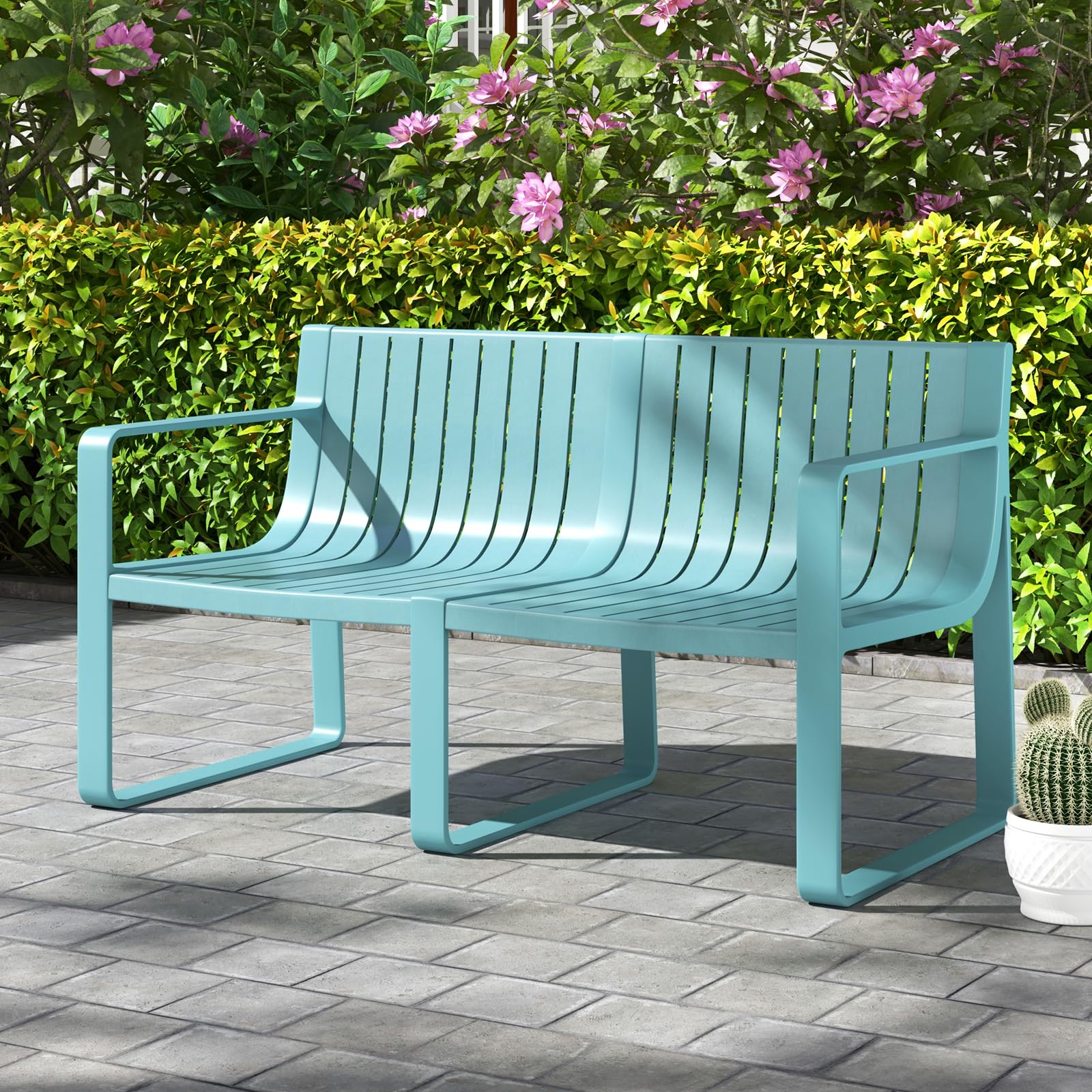 All-Weather Plastic Outdoor Patio Bench, 2-Person Garden Loveseat with Curved Backrest & Slatted Design for - Product image 1