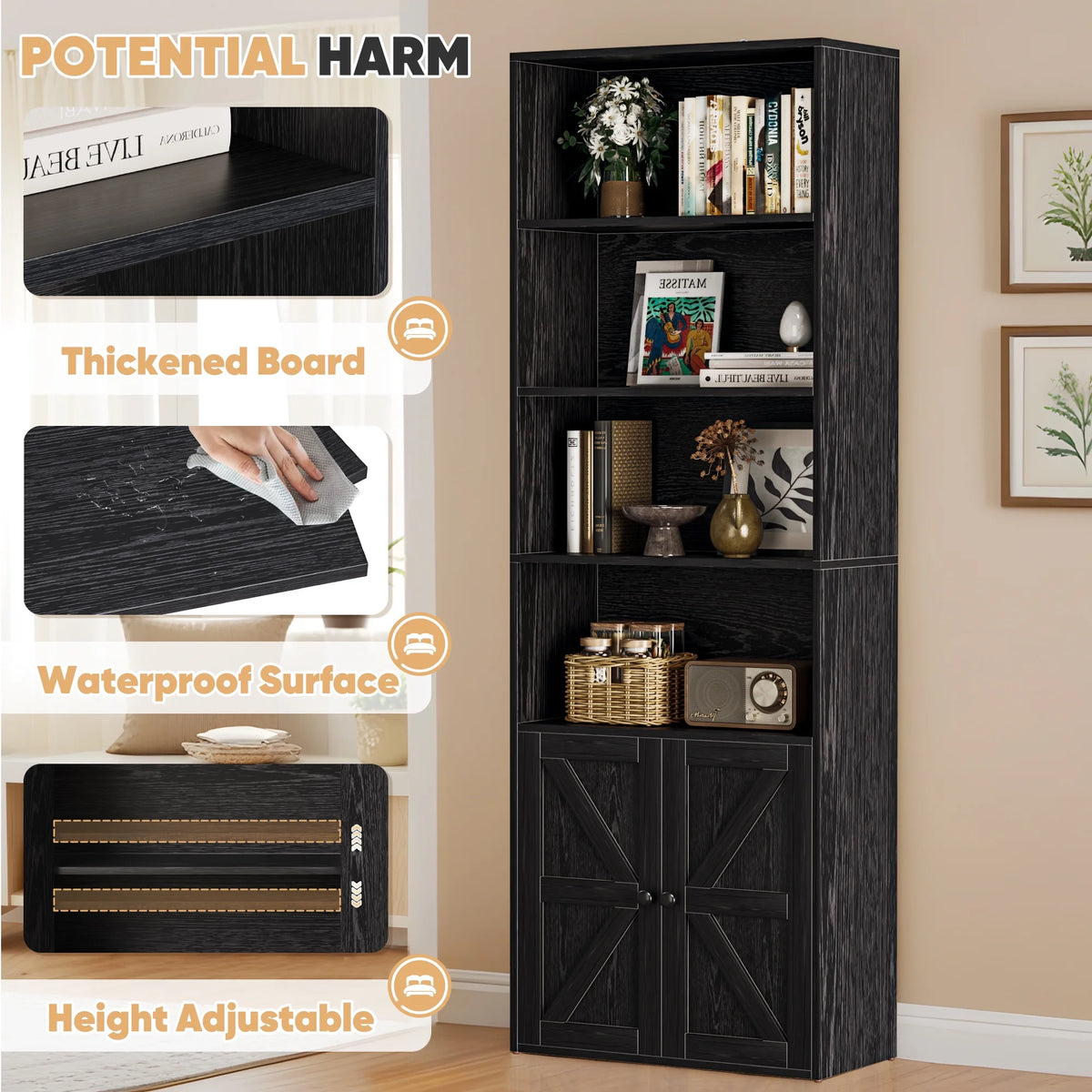 Furmax 1 Piece 4 - Shelf Farmhouse Bookcases 4 - Tier Bookshelf with Adjustable Shelves&Doors - Product image 22