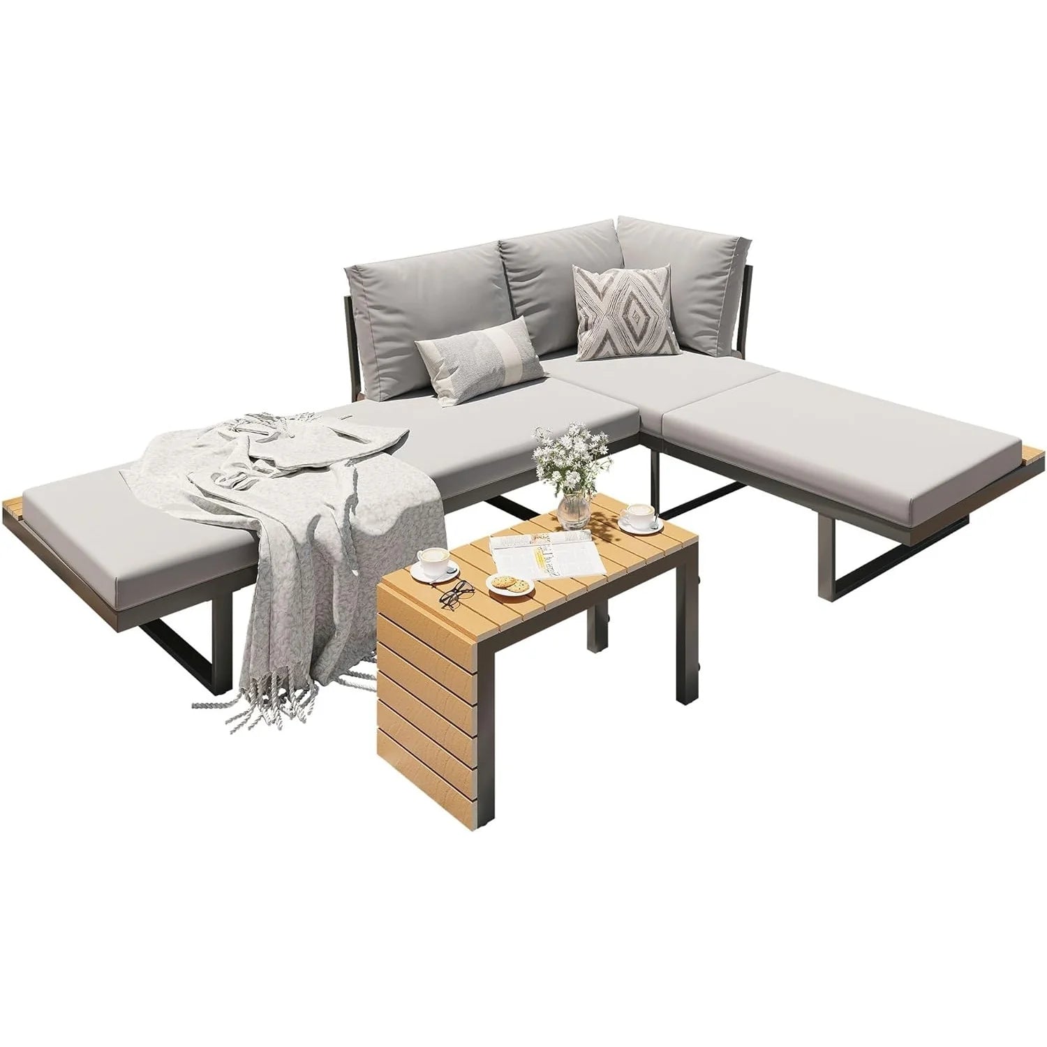 AECOJOY 4 Piece Metal Patio Furniture Set with Waterproof Cover, Convertible Outdoor Daybed with Coffee - Product image 1