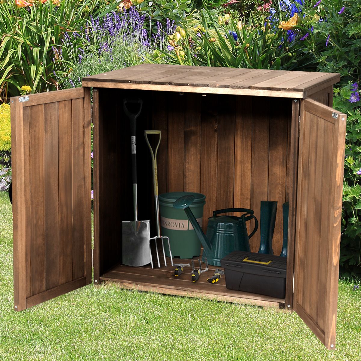 Outdoor Wooden Garden Cabinet 77.5 x 56 x 72 cm Tool Shed with Double Doors Brown -