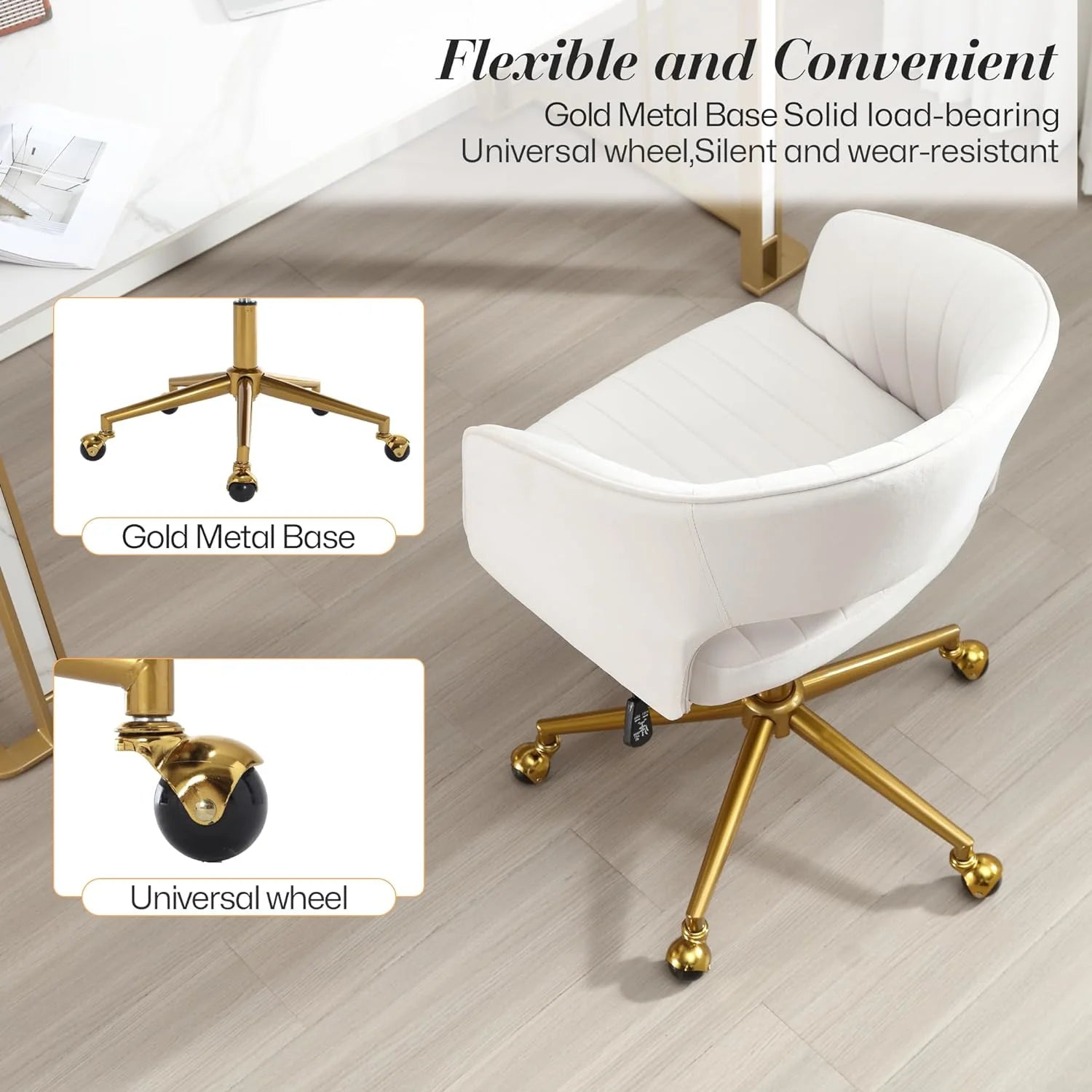 Home Office Swivel Desk Chair, Modern Velvet Vanity Chair, Height Adjustable Armchair with Gold Base - Product image 9