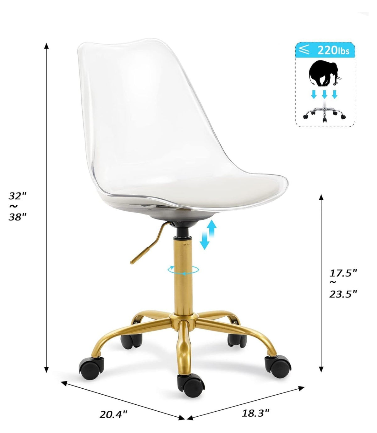 Echoworld Clear Rolling Chair, Armless Desk Chair with Golden Feet Swivel Molded Plastic Shell Adjustable - Product image 40
