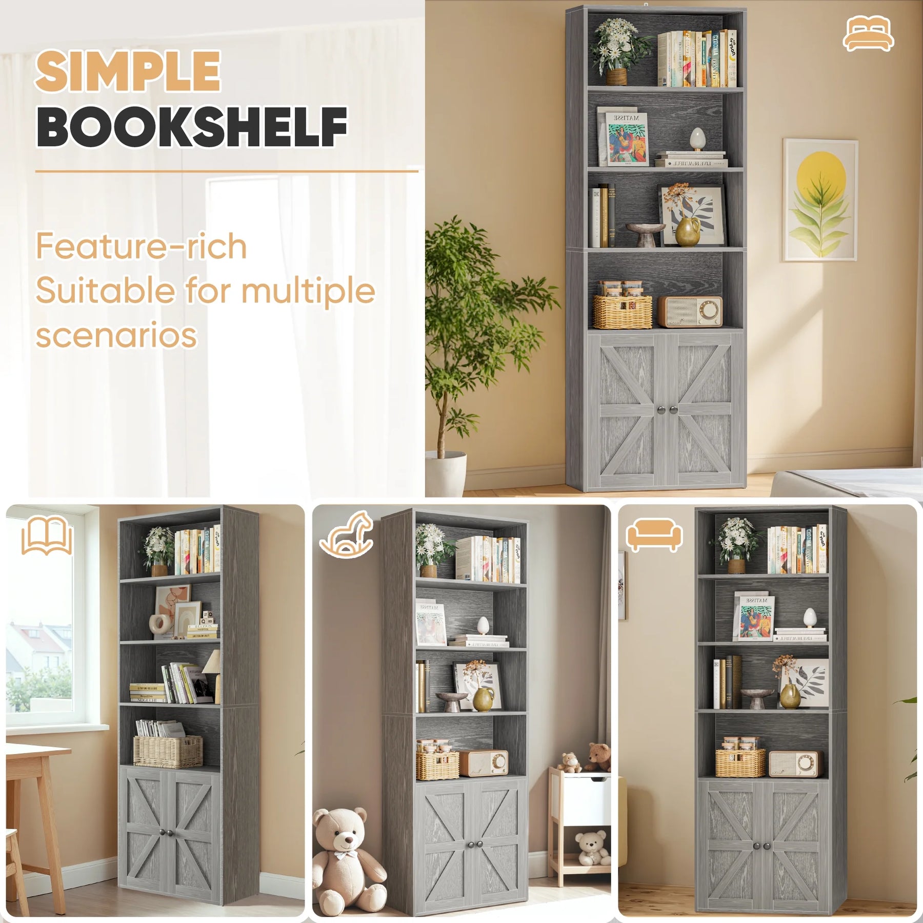 Furmax 1 Piece 4 - Shelf Farmhouse Bookcases 4 - Tier Bookshelf with Adjustable Shelves&Doors - Product image 16